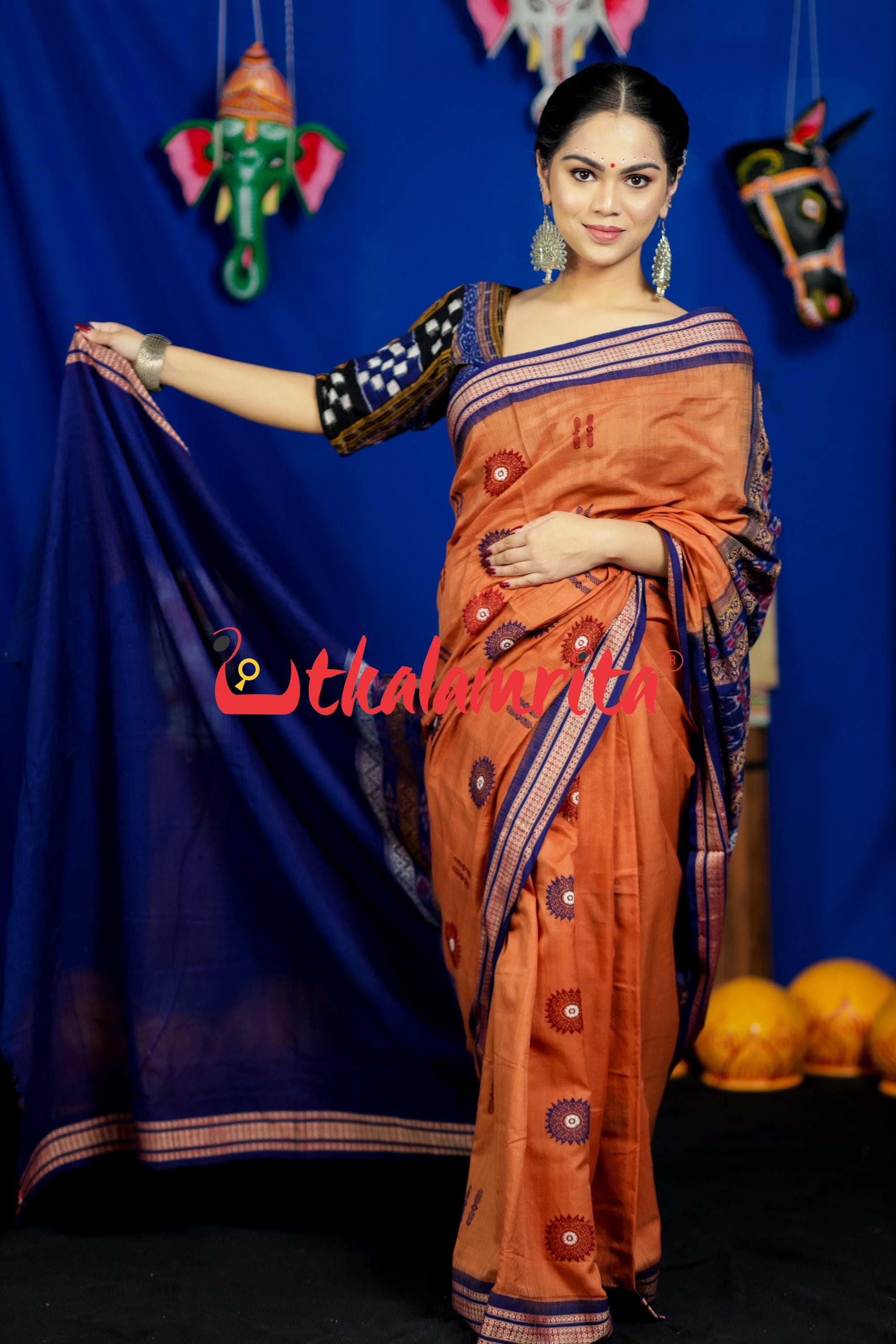 Biscuit Blue Padam Bomkai Cotton Saree
