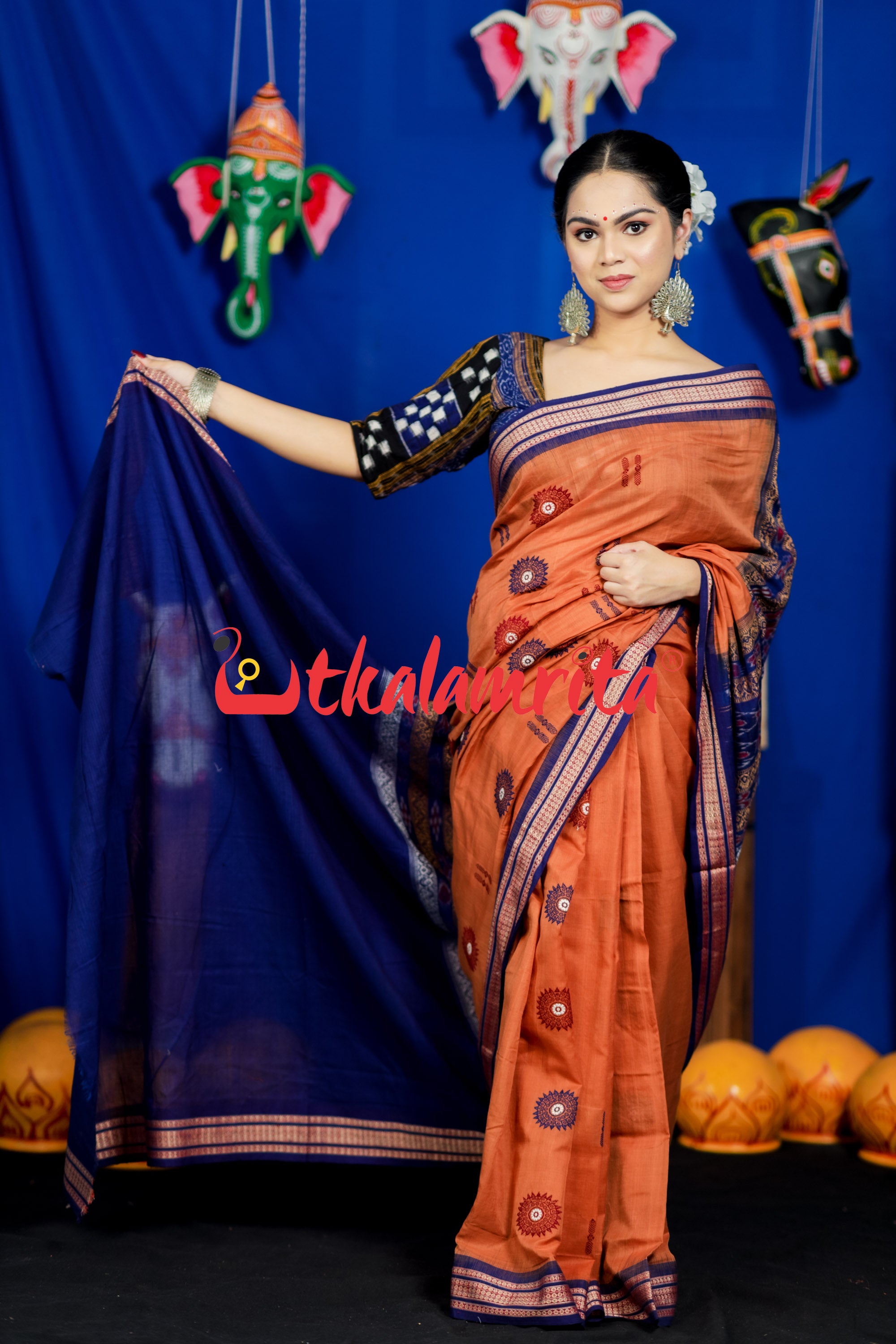 Biscuit Blue Padam Bomkai Cotton Saree