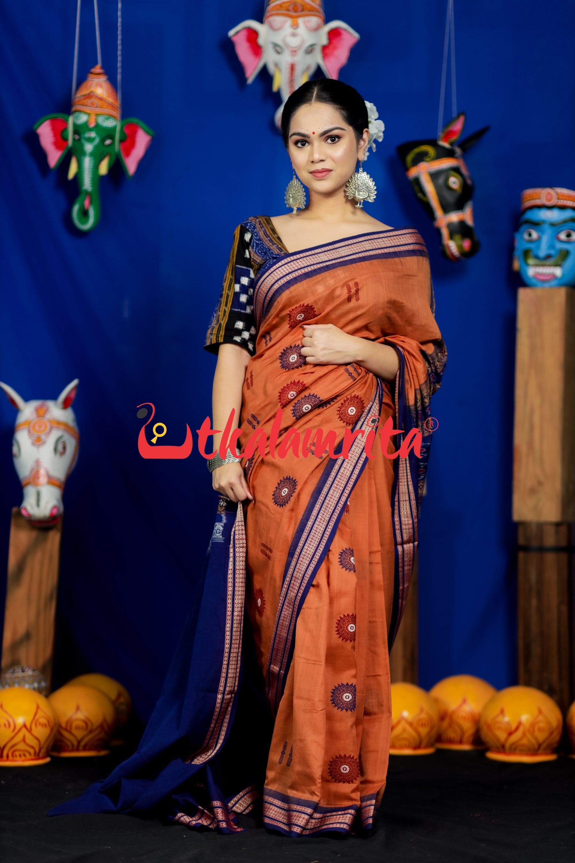 Biscuit Blue Padam Bomkai Cotton Saree