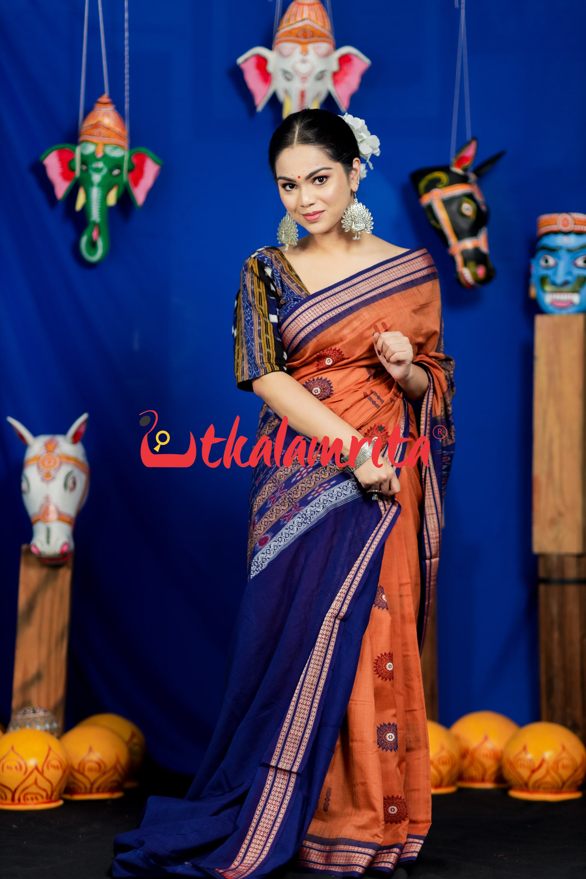 Biscuit Blue Padam Bomkai Cotton Saree