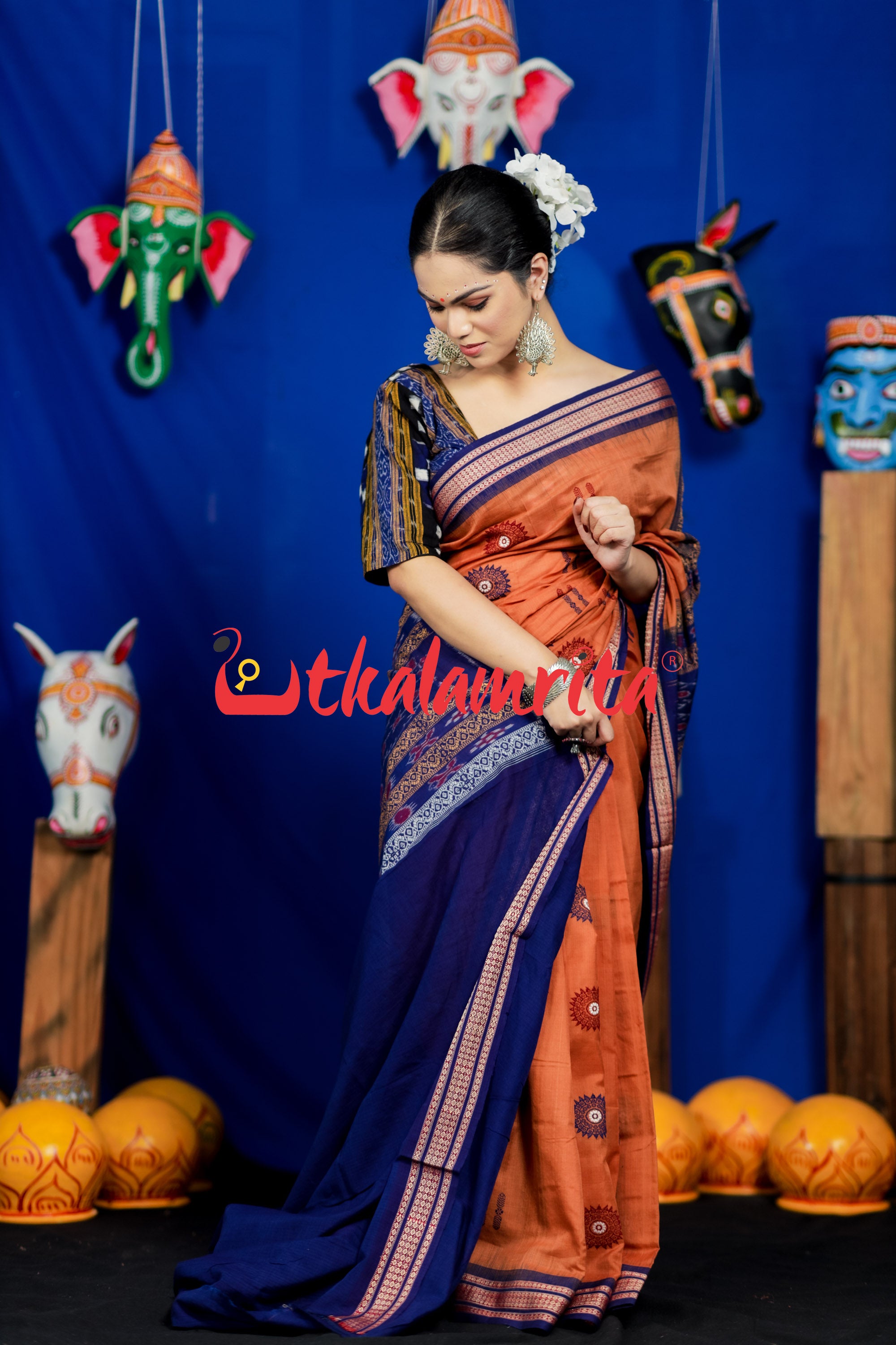 Biscuit Blue Padam Bomkai Cotton Saree