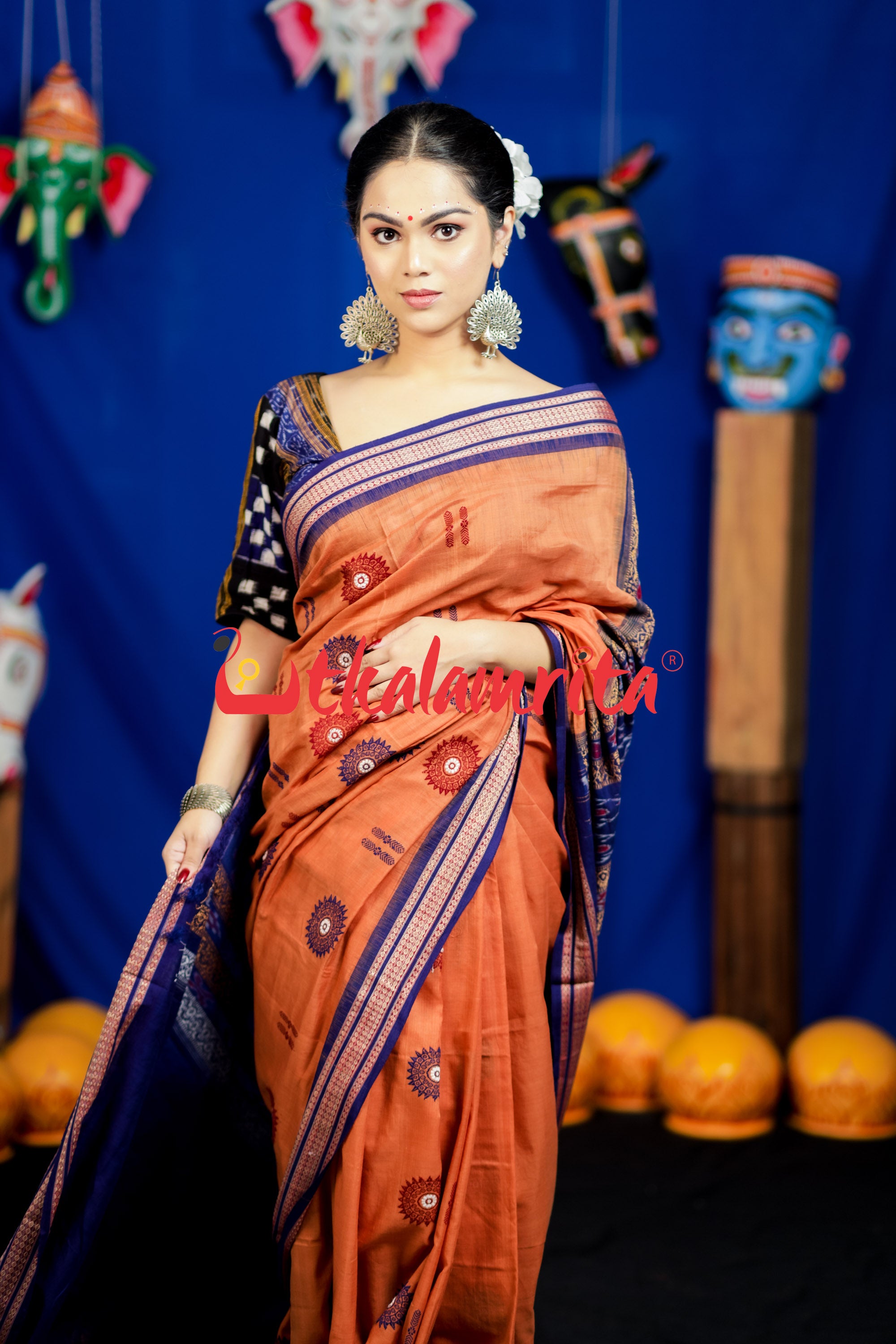 Biscuit Blue Padam Bomkai Cotton Saree