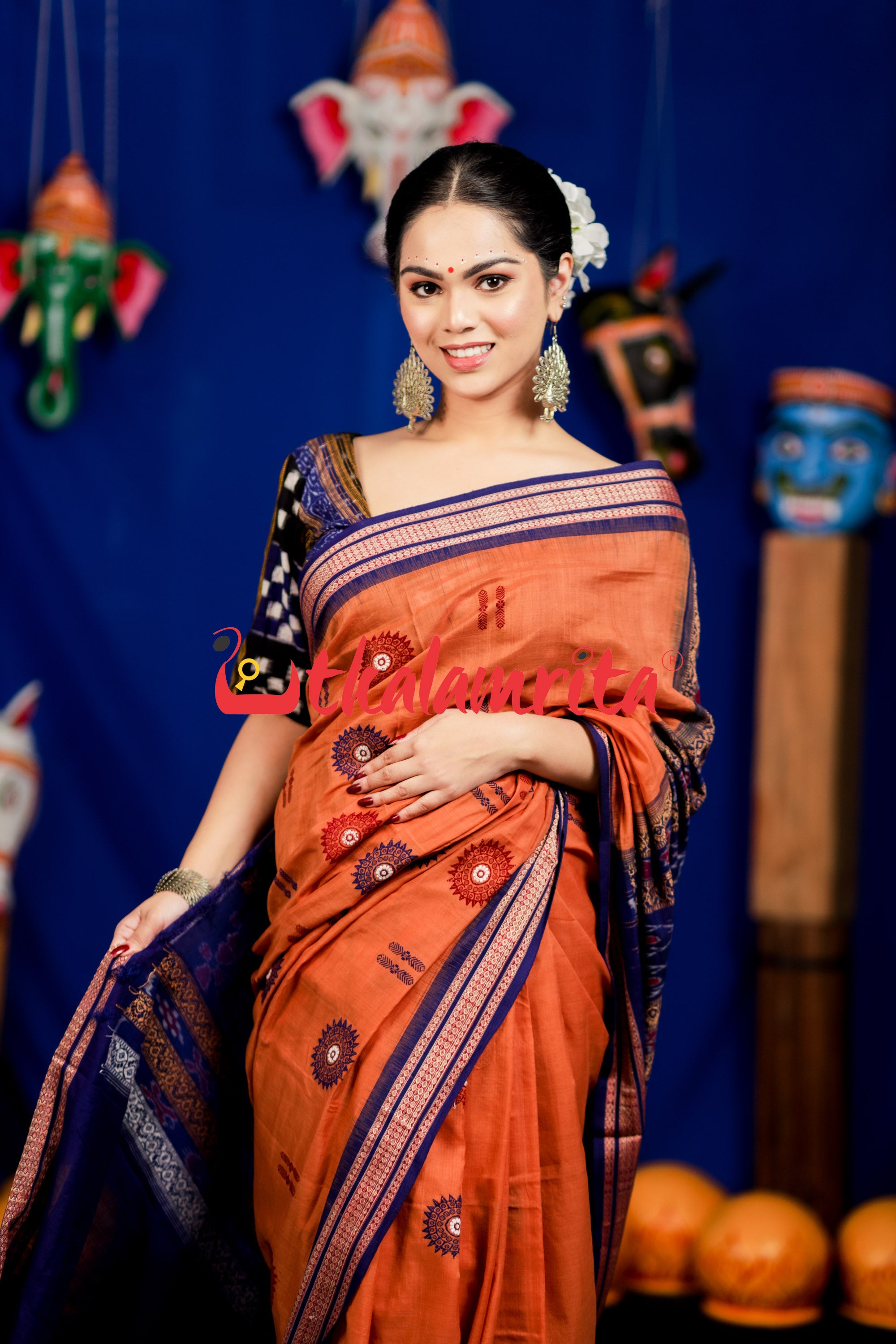 Biscuit Blue Padam Bomkai Cotton Saree