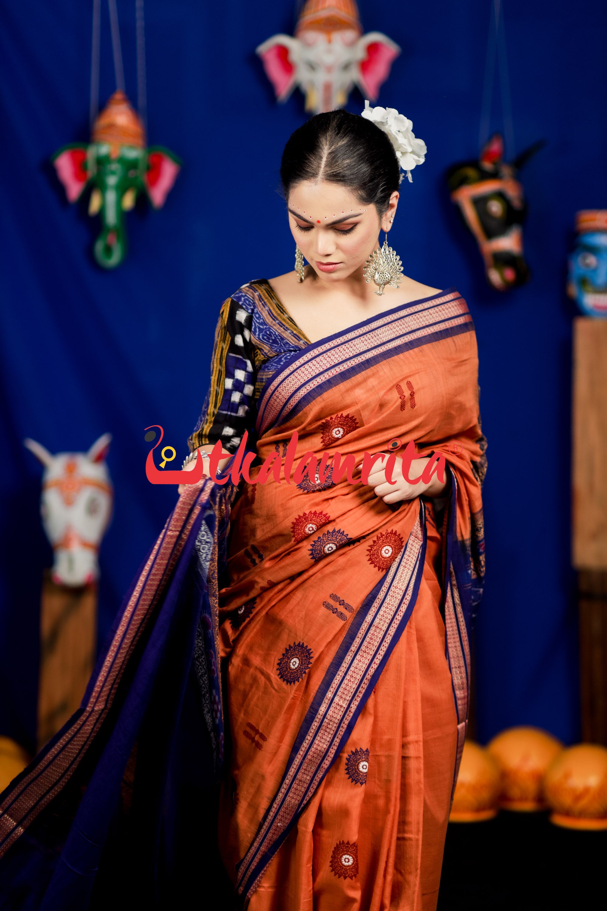 Biscuit Blue Padam Bomkai Cotton Saree