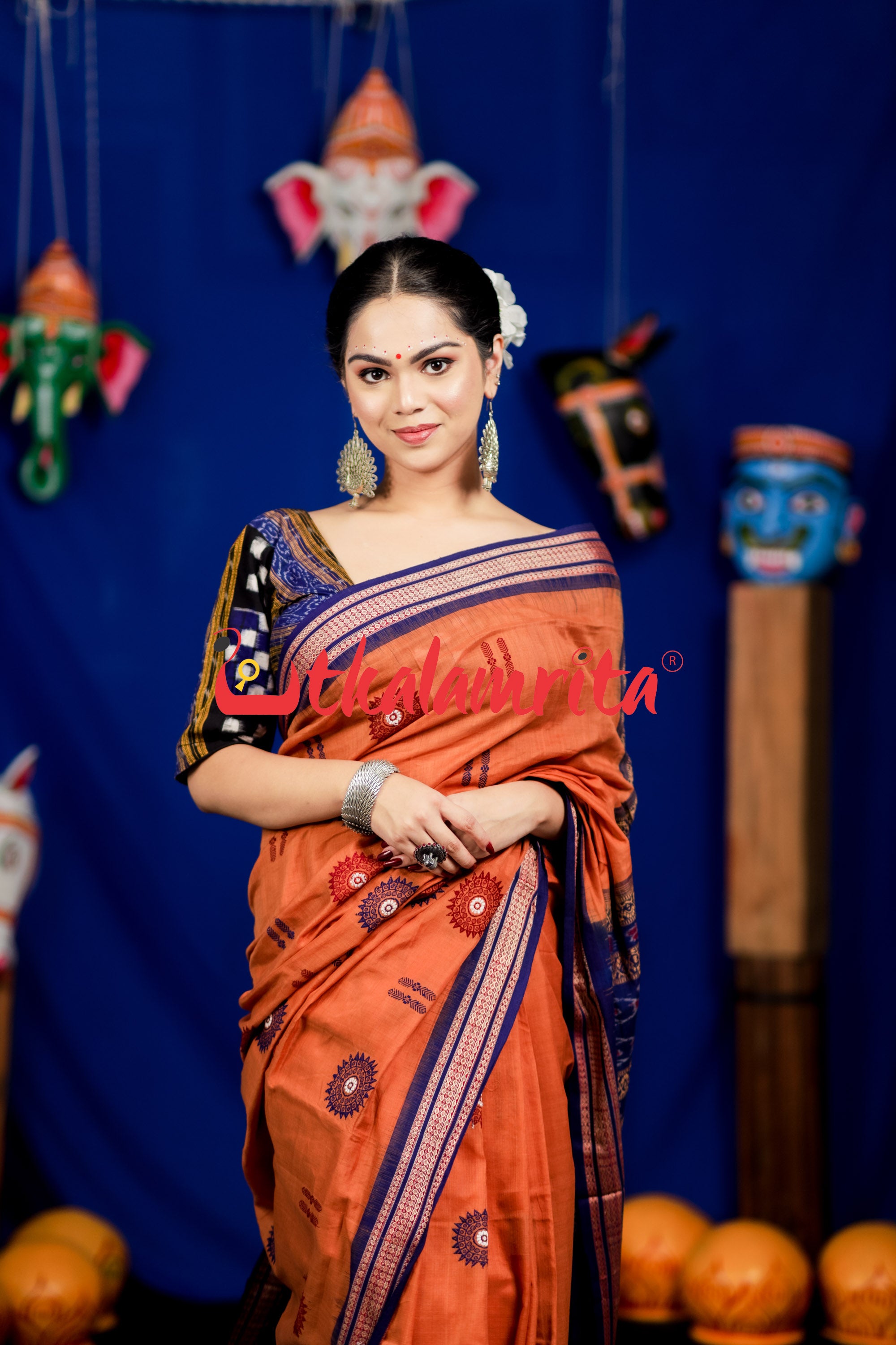 Biscuit Blue Padam Bomkai Cotton Saree