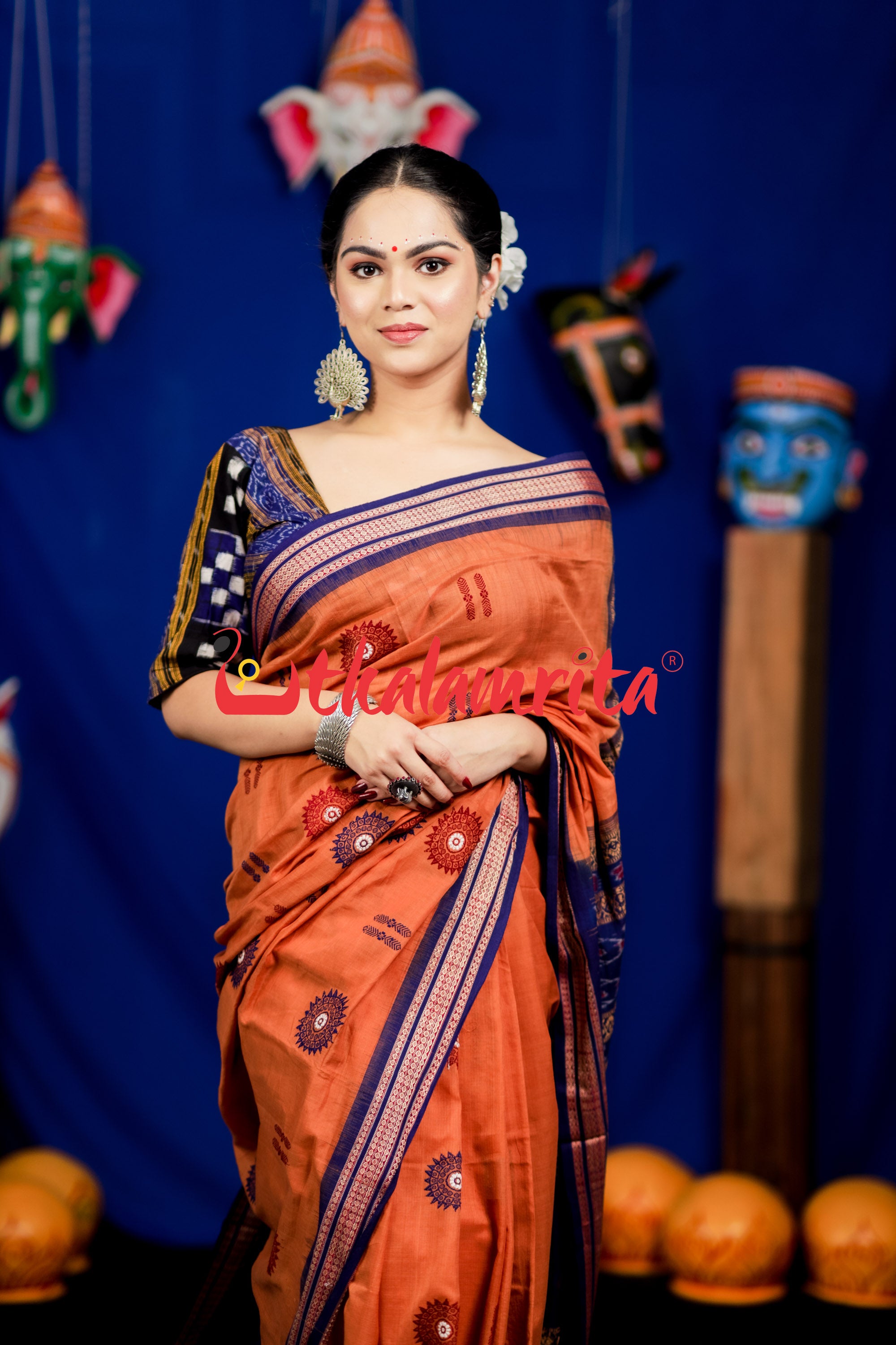Biscuit Blue Padam Bomkai Cotton Saree