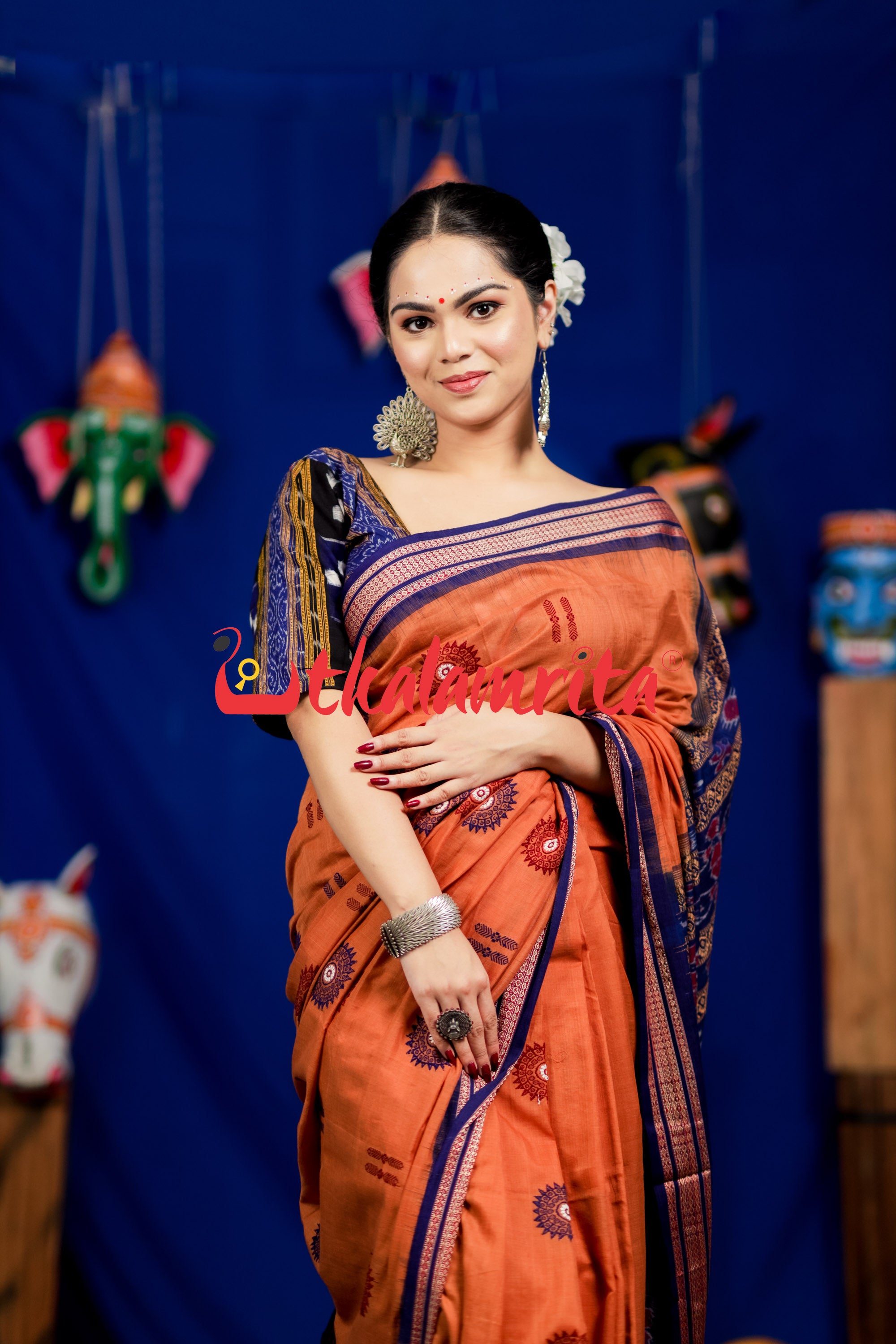 Biscuit Blue Padam Bomkai Cotton Saree