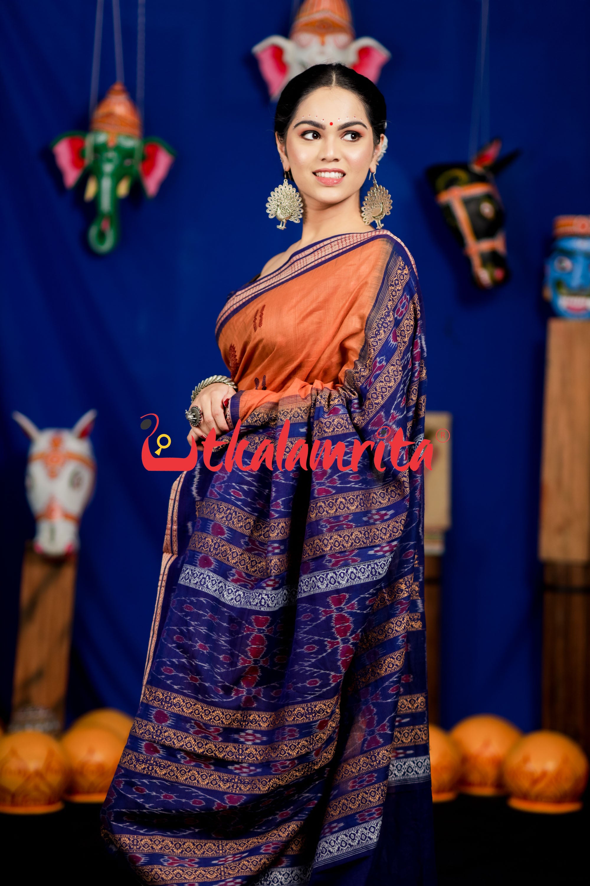 Biscuit Blue Padam Bomkai Cotton Saree