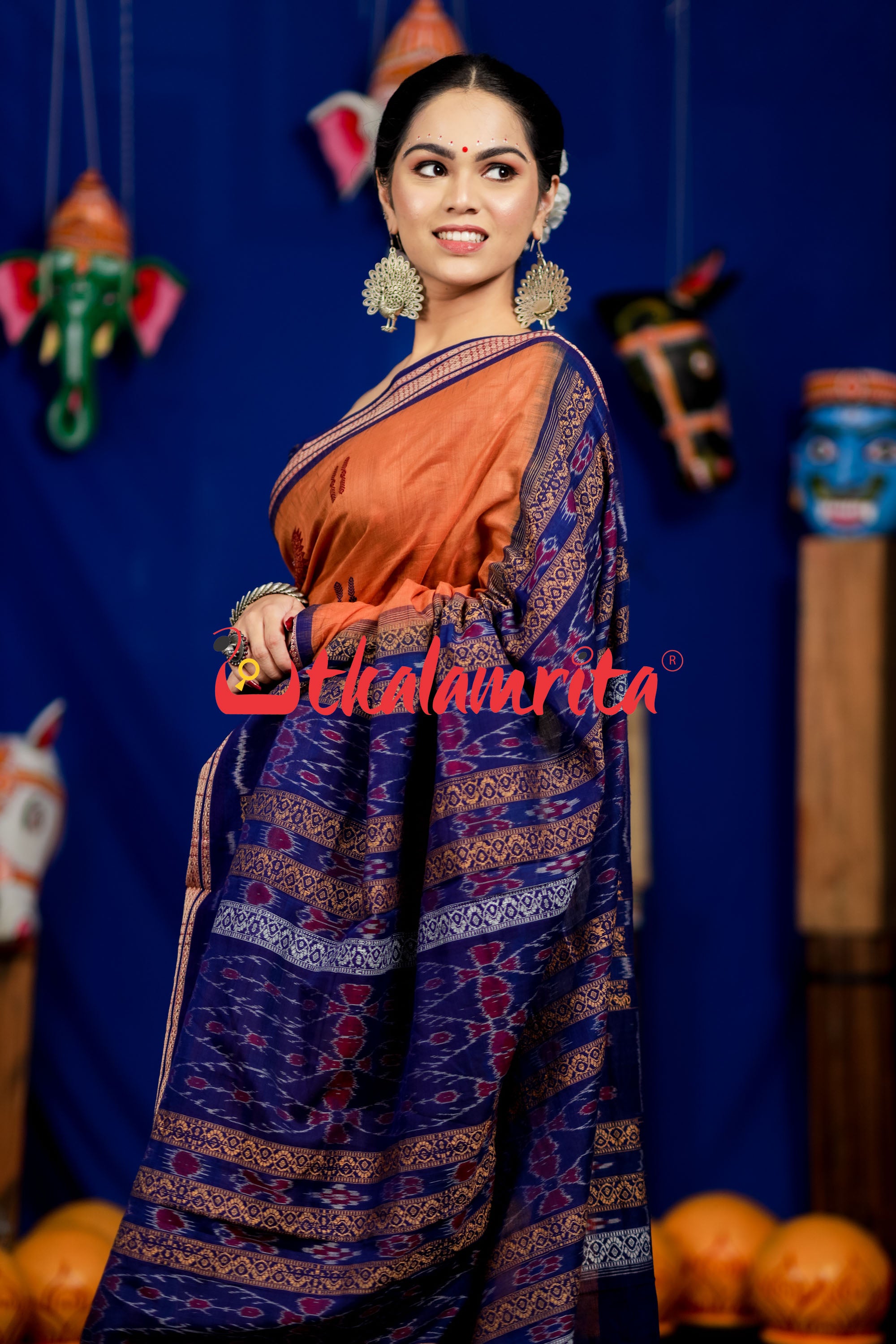 Biscuit Blue Padam Bomkai Cotton Saree