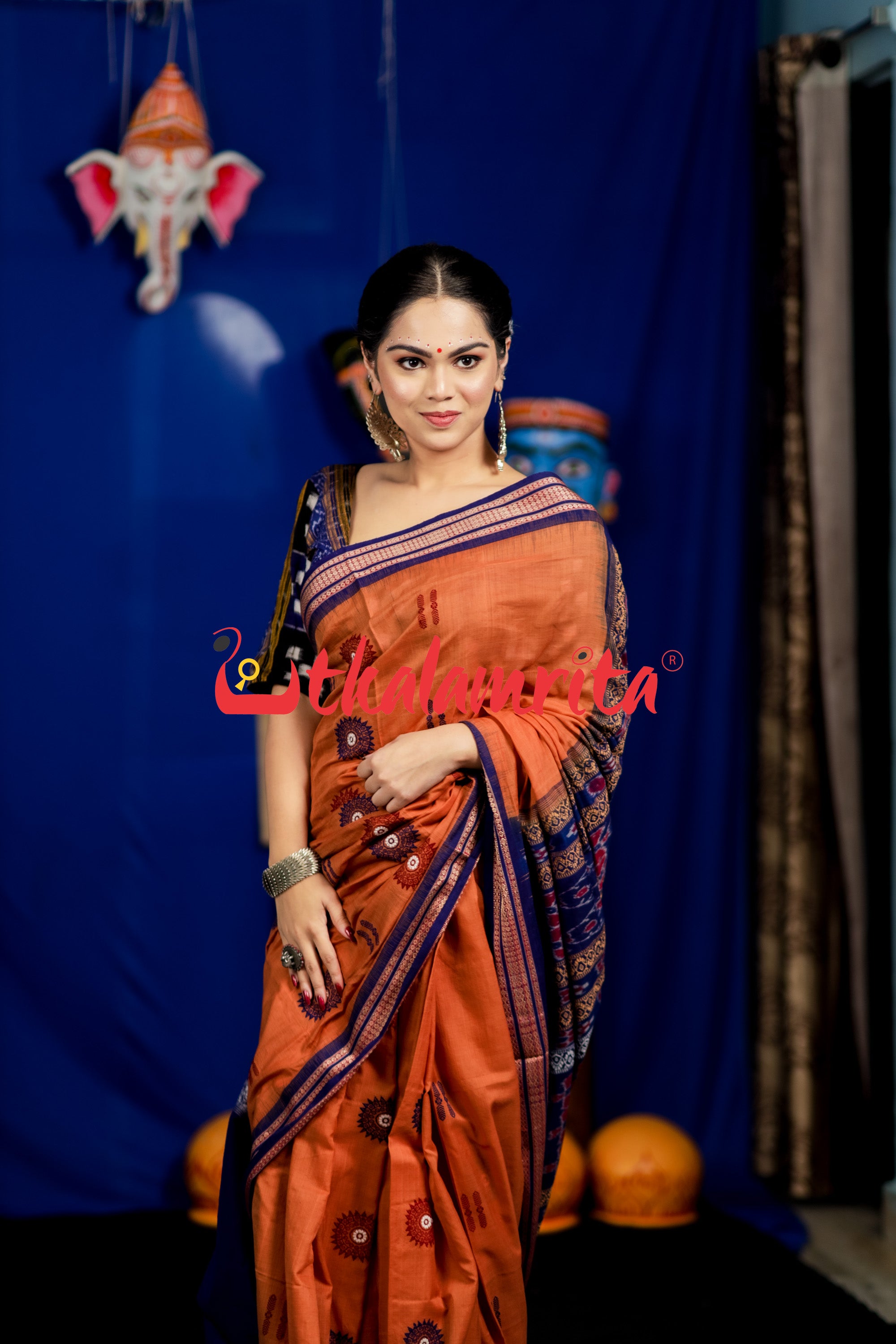 Biscuit Blue Padam Bomkai Cotton Saree