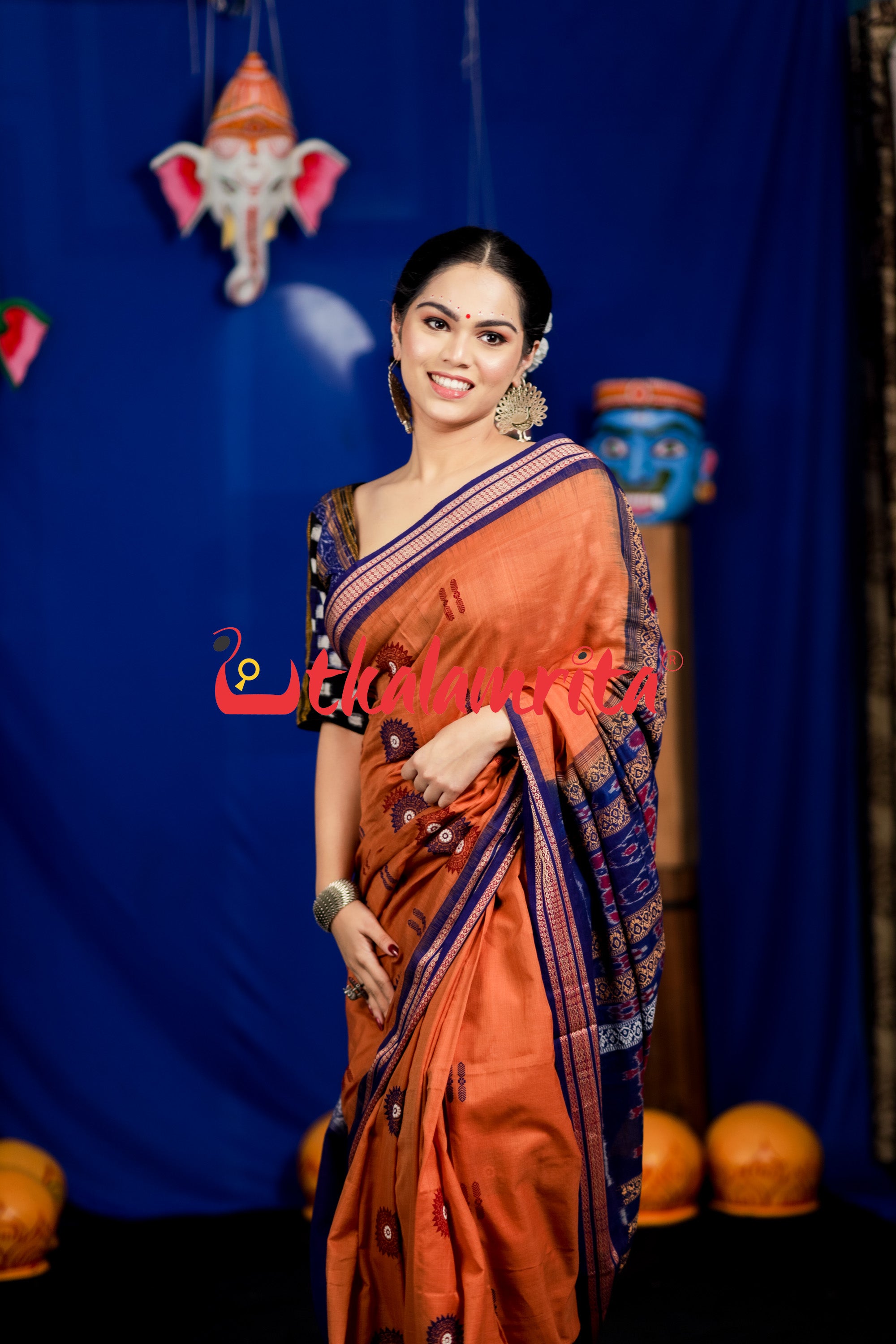 Biscuit Blue Padam Bomkai Cotton Saree
