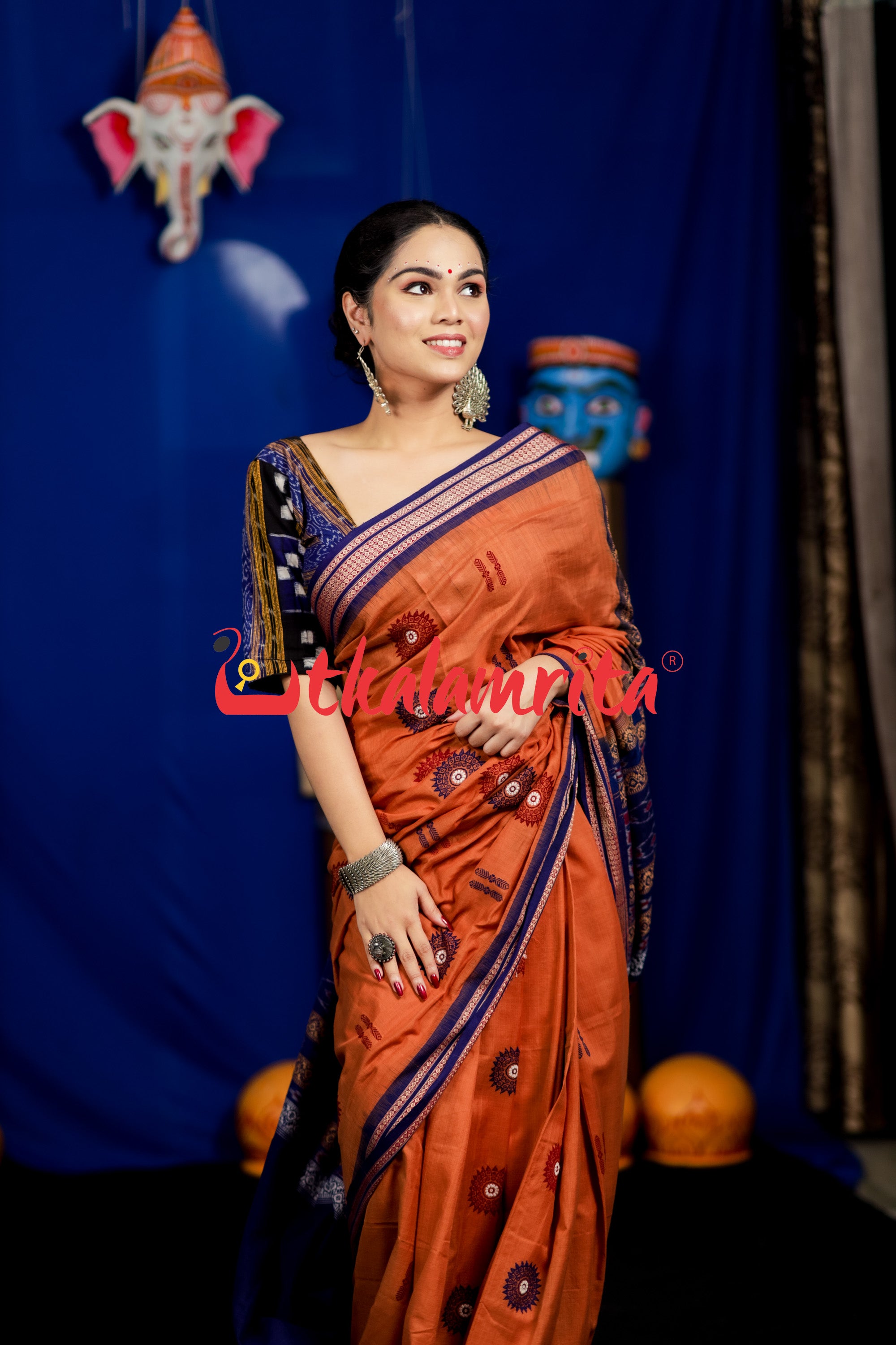 Biscuit Blue Padam Bomkai Cotton Saree