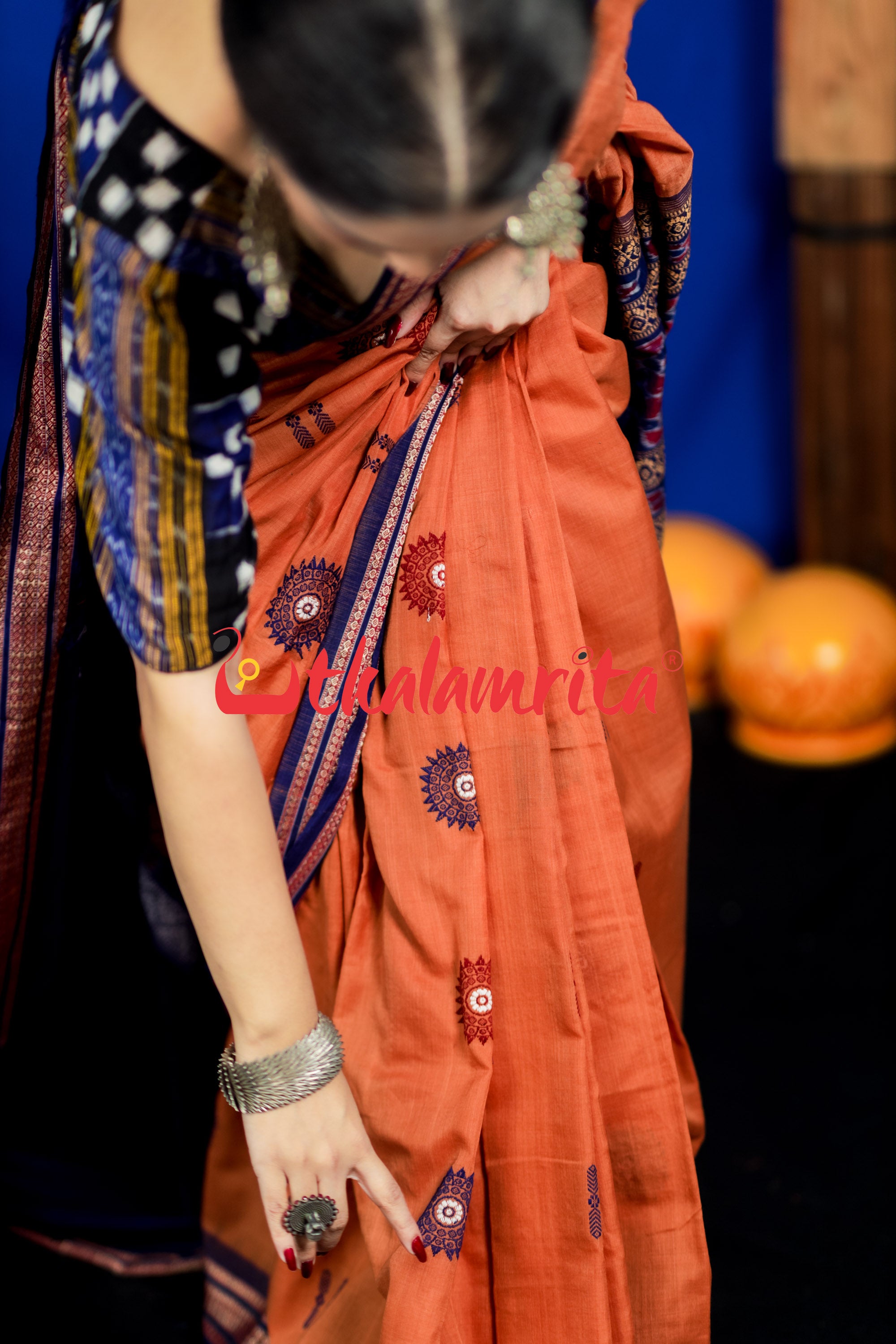 Biscuit Blue Padam Bomkai Cotton Saree