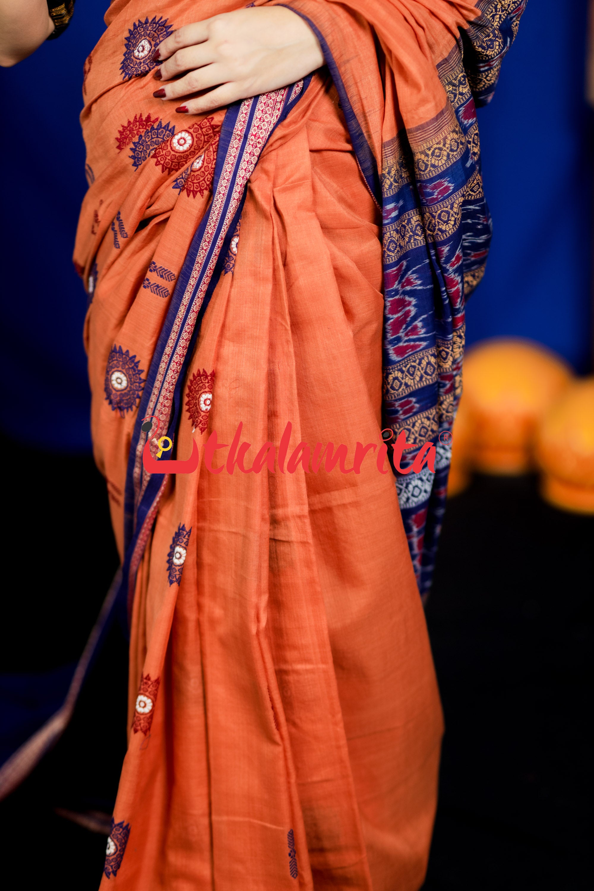 Biscuit Blue Padam Bomkai Cotton Saree