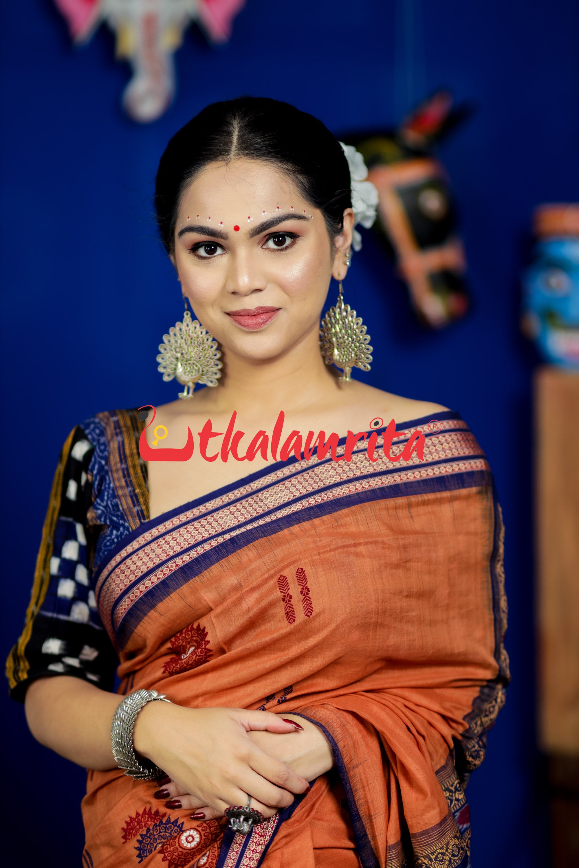 Biscuit Blue Padam Bomkai Cotton Saree