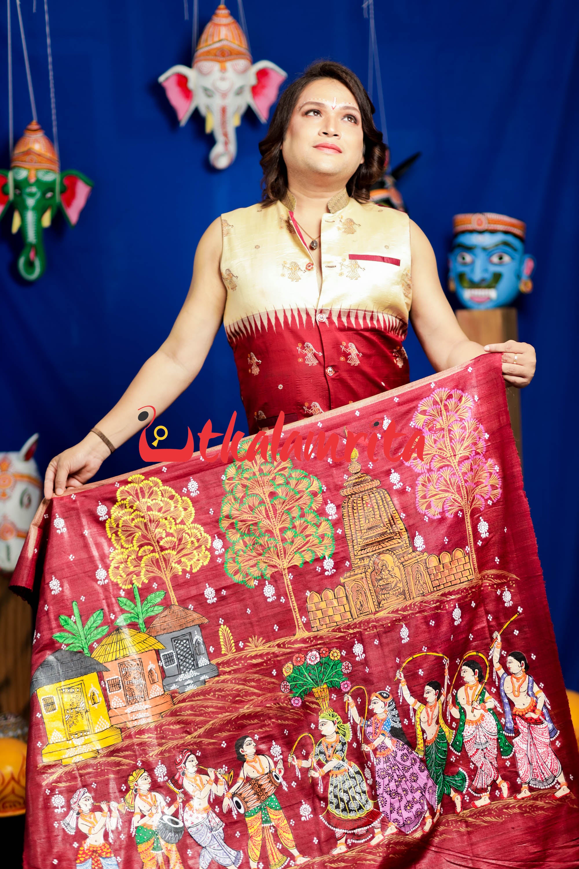 Jhamu Jatra Ghicha Tussar Ghee Maroon Saree