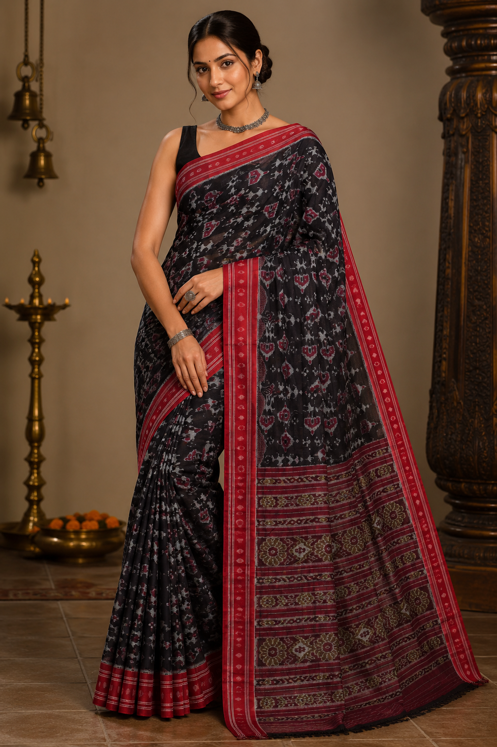 Black Red Tribal Homes Khandua Cotton Saree