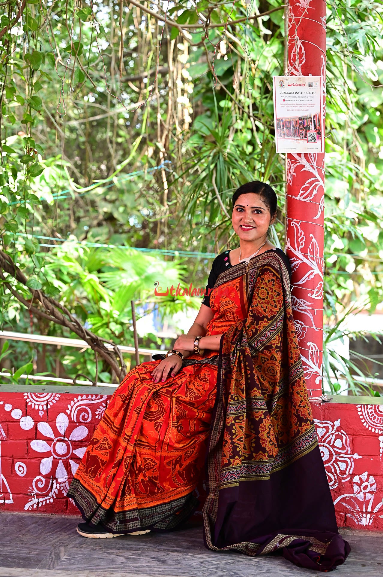 Big Haathi Lions Dancers Orange Sambalpuri Cotton Saree