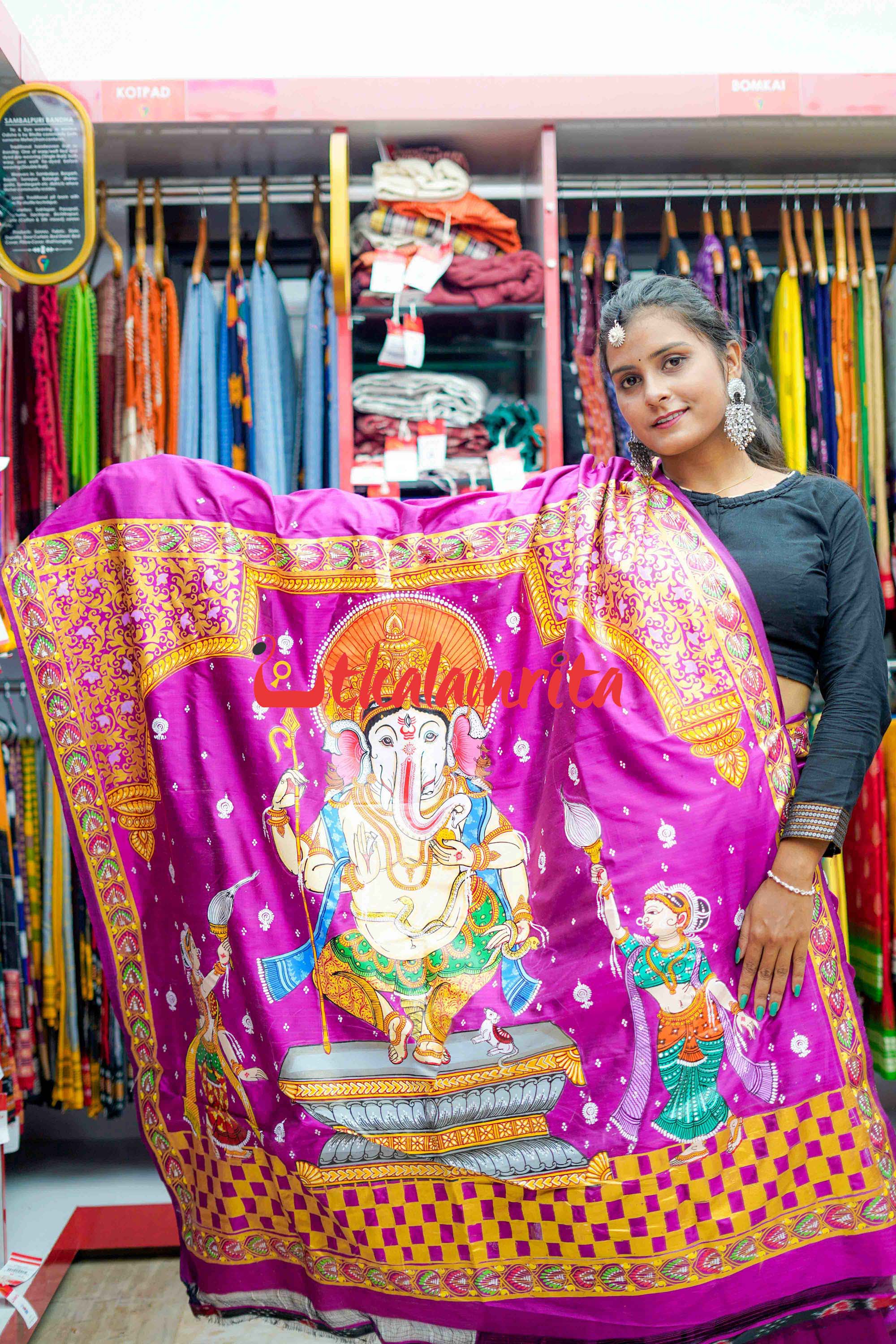 Magenta Ganesh Pattachitra Silk Saree
