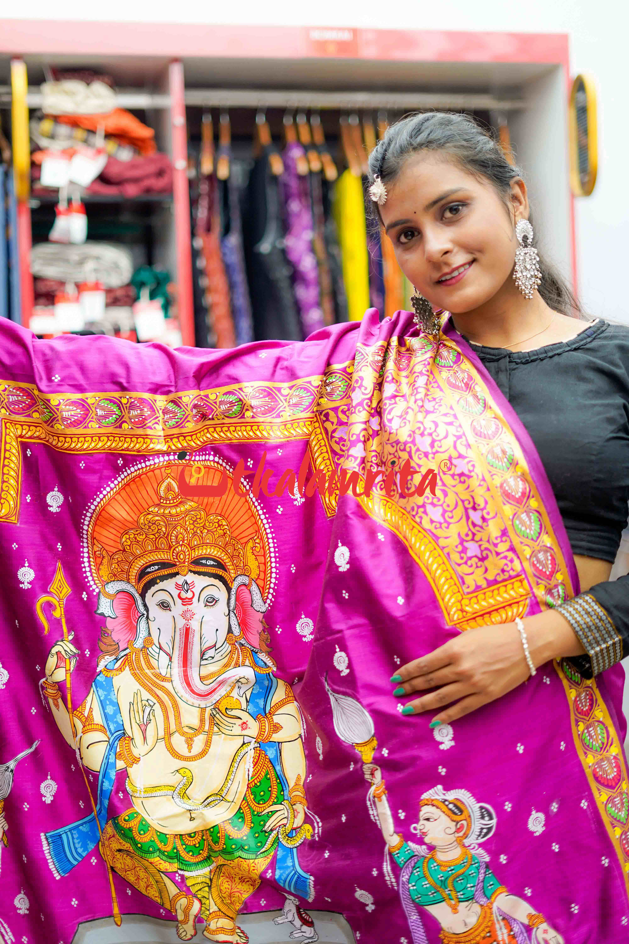 Magenta Ganesh Pattachitra Silk Saree