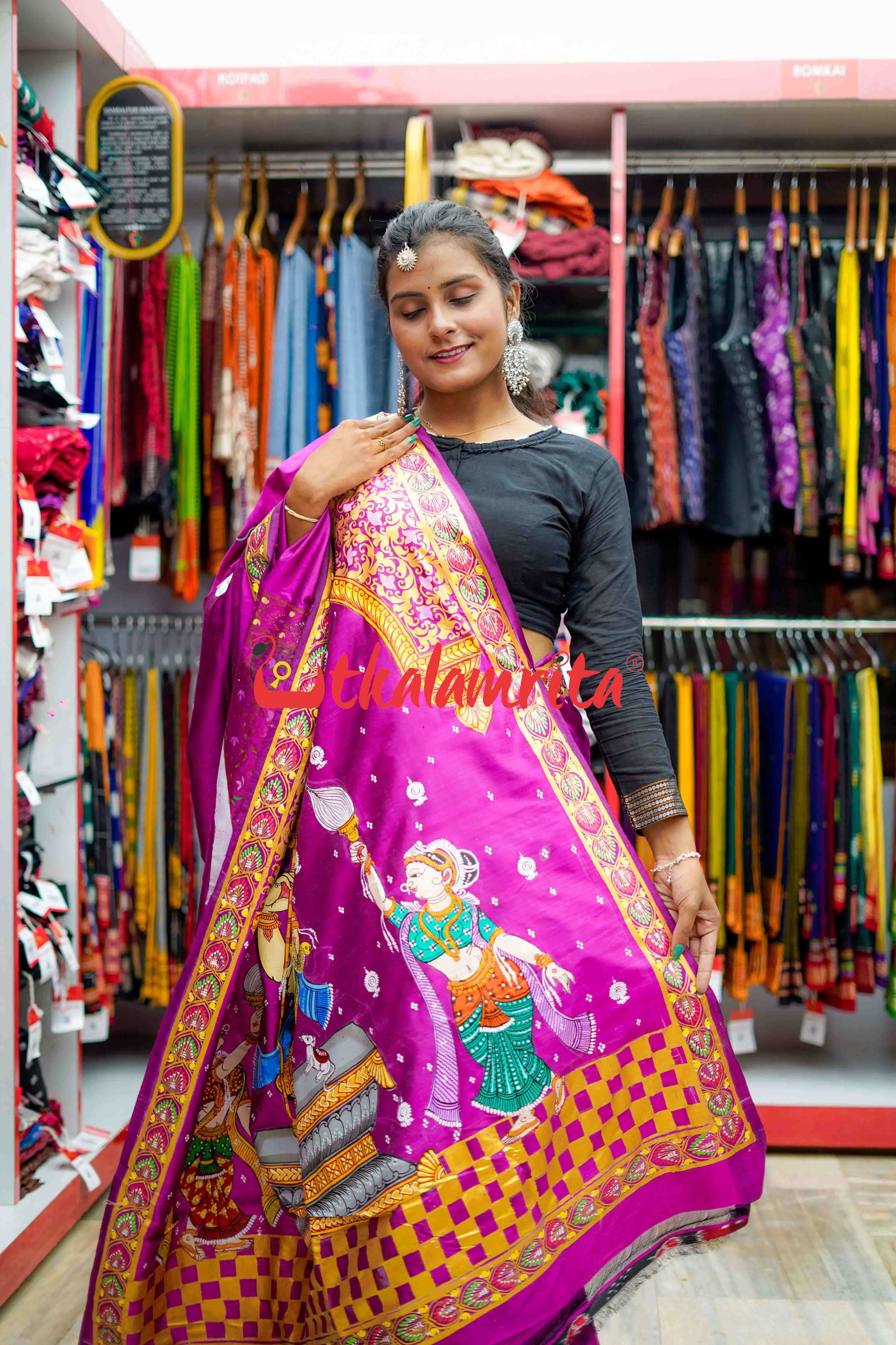 Magenta Ganesh Pattachitra Silk Saree