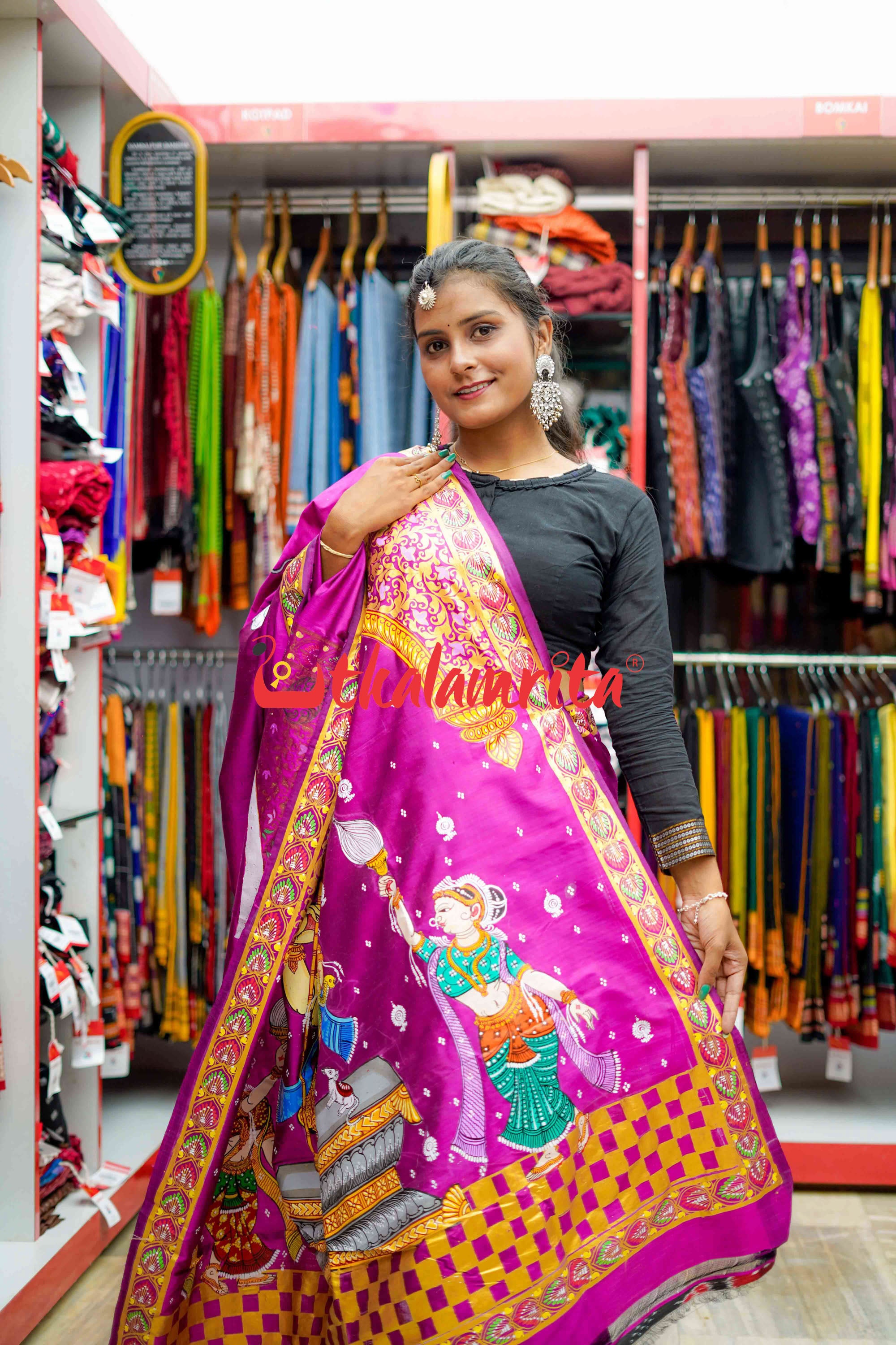 Magenta Ganesh Pattachitra Silk Saree