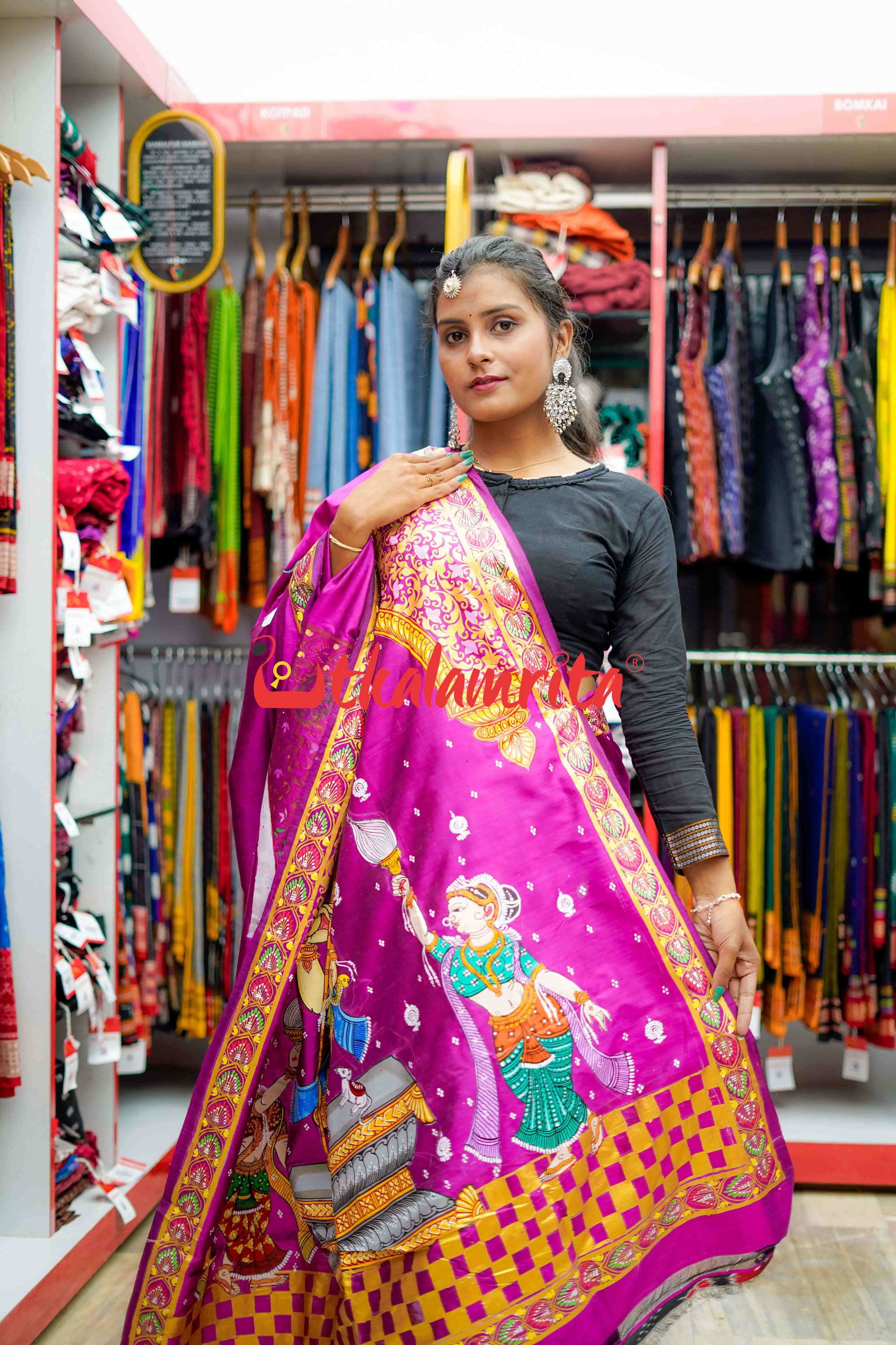 Magenta Ganesh Pattachitra Silk Saree