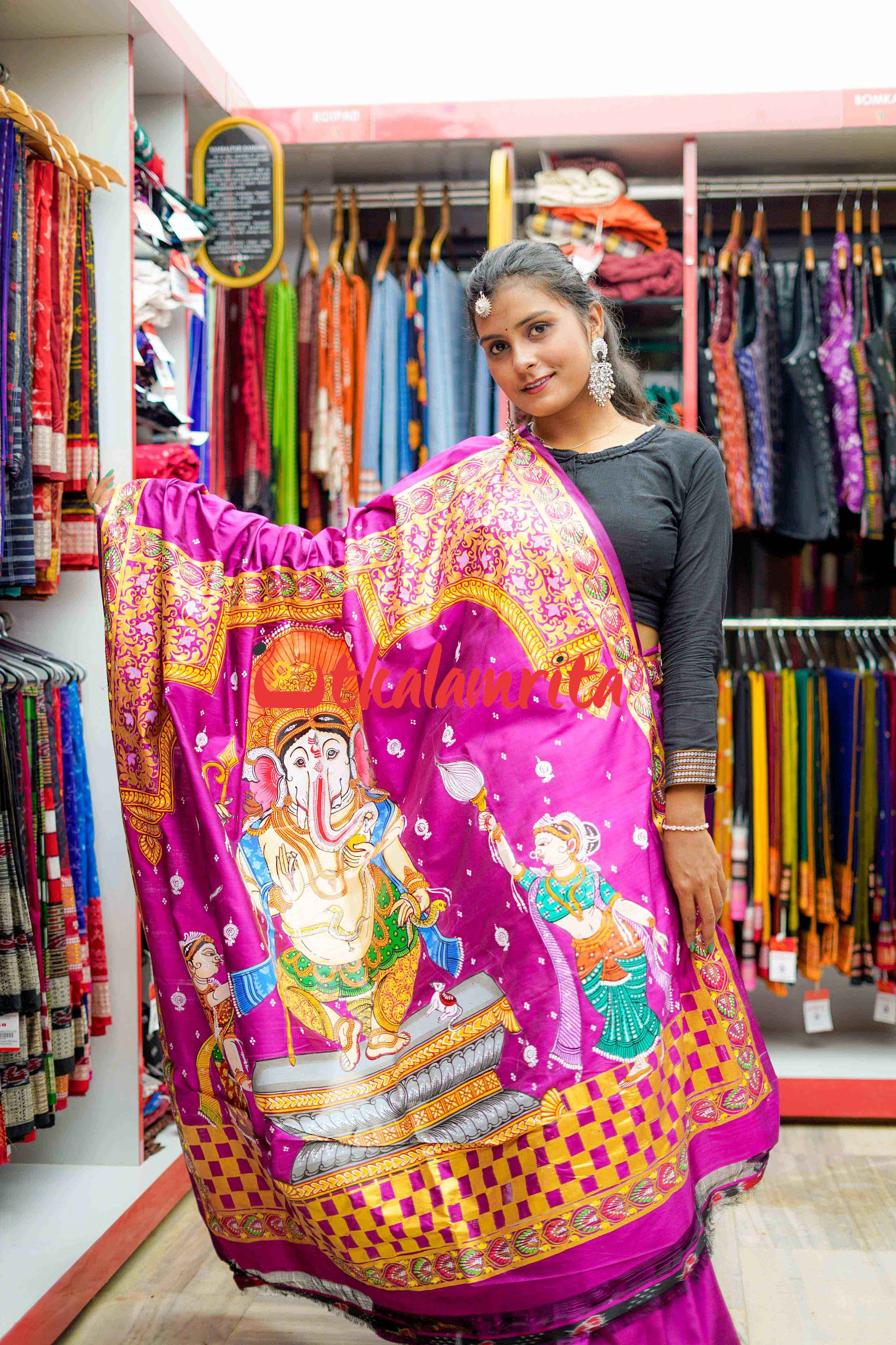 Magenta Ganesh Pattachitra Silk Saree
