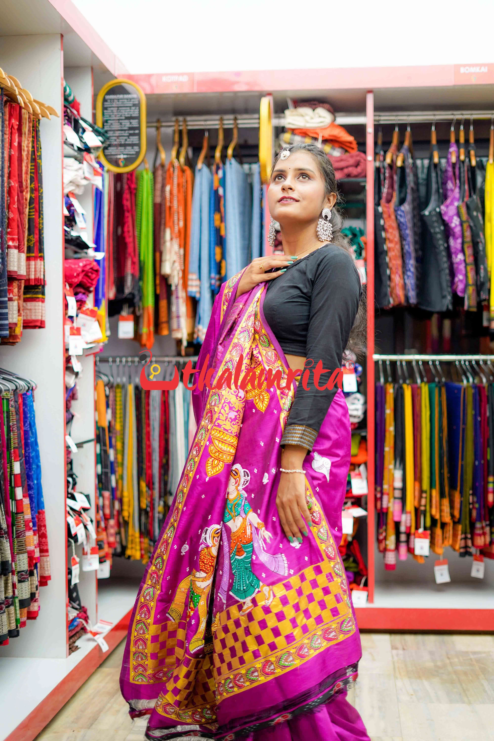 Magenta Ganesh Pattachitra Silk Saree