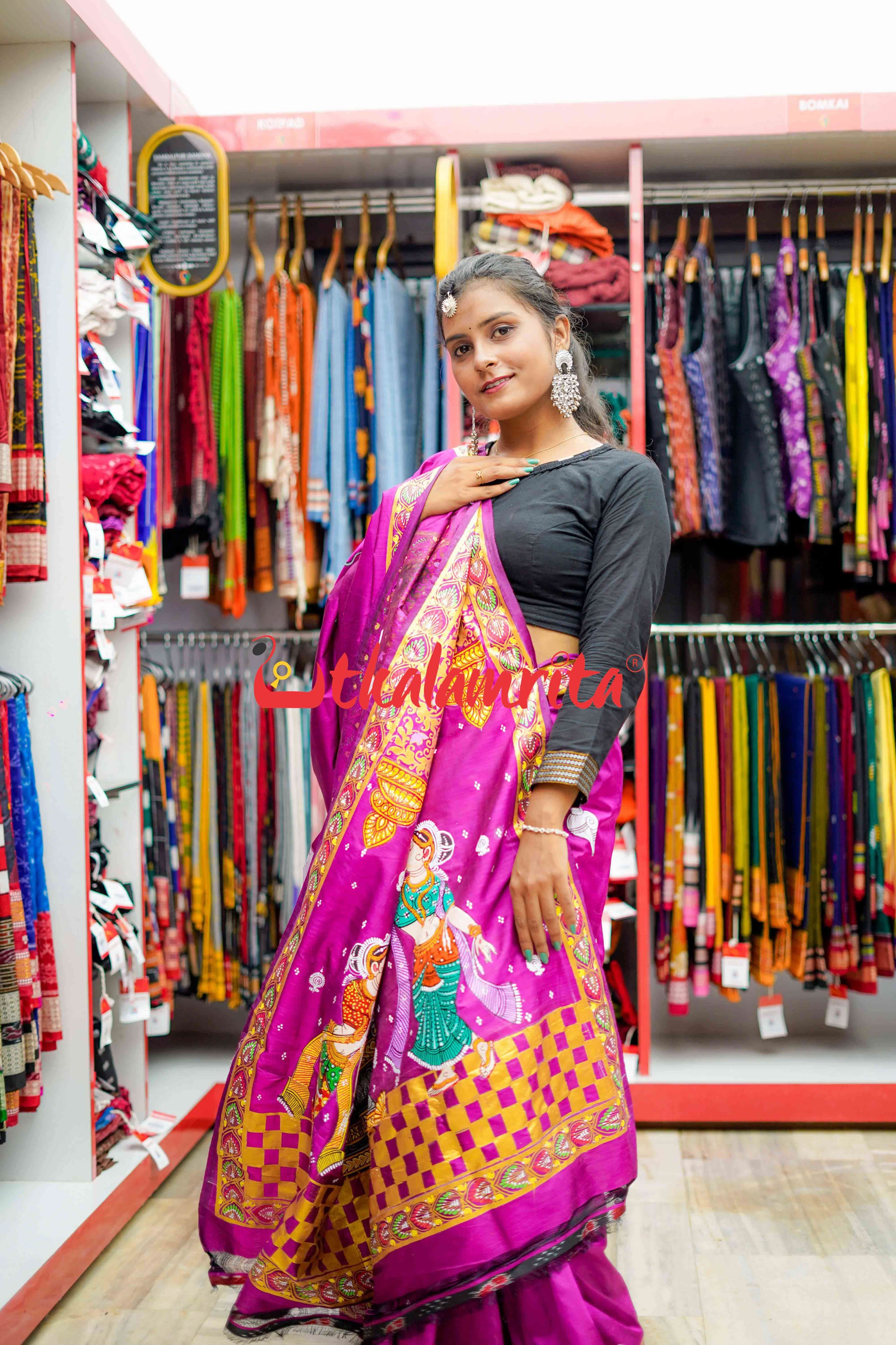 Magenta Ganesh Pattachitra Silk Saree