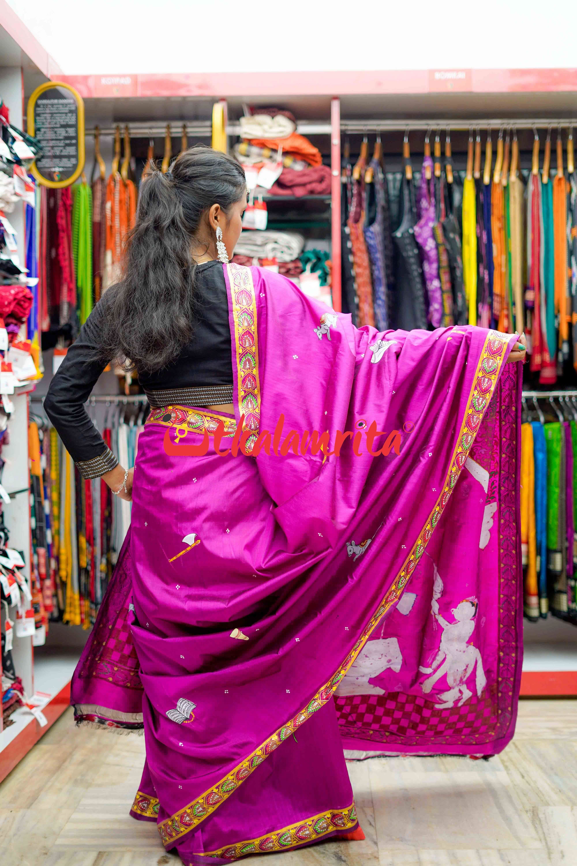 Magenta Ganesh Pattachitra Silk Saree