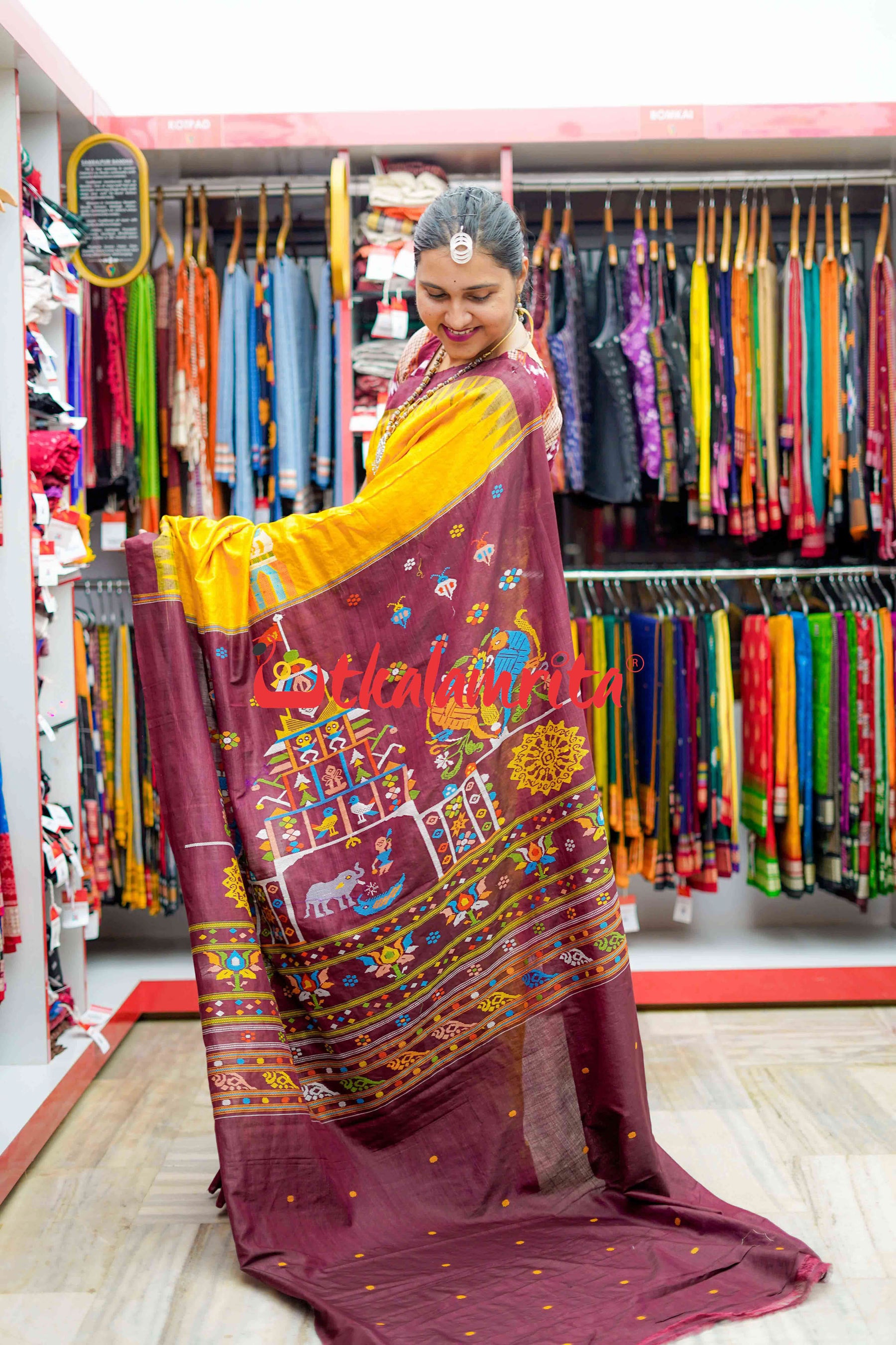 Yellow Maroon Mandira Gopalpur Tussar Saree