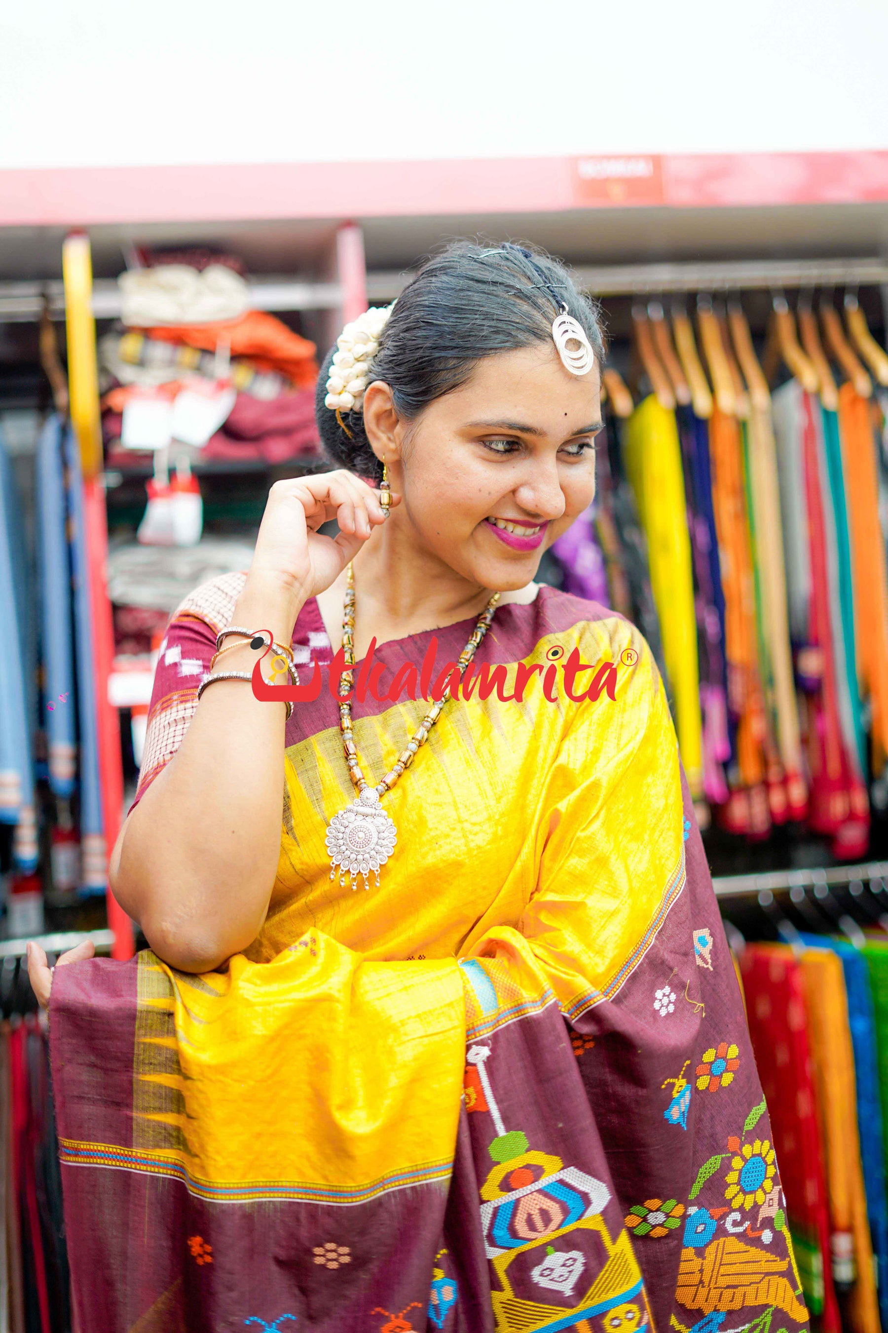Yellow Maroon Mandira Gopalpur Tussar Saree