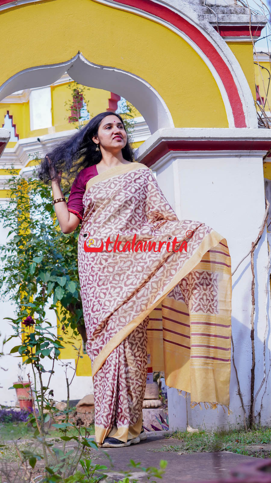 Natural Dye Coffee Flowers Honey Border Khandua Silk Saree