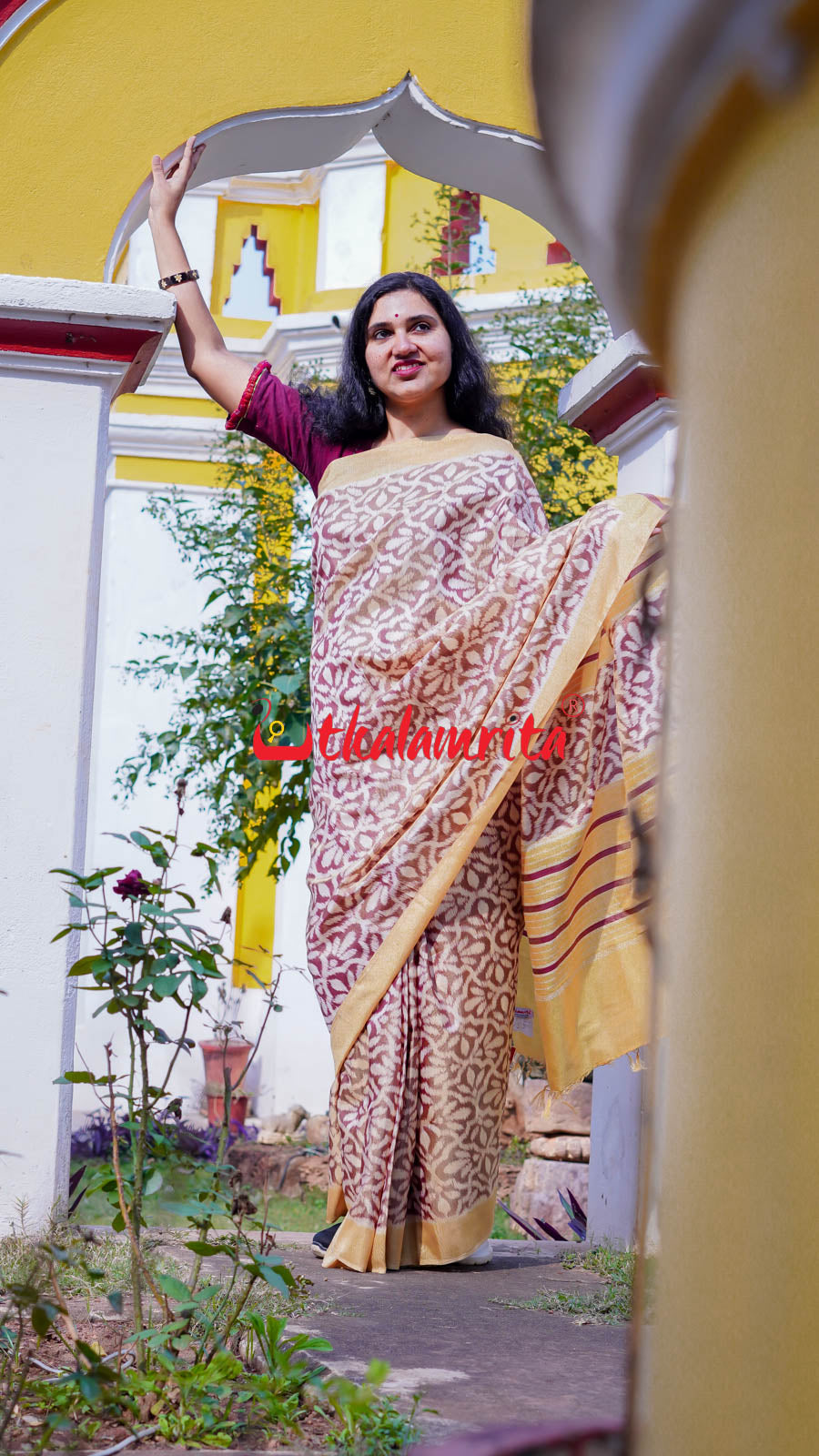 Natural Dye Coffee Flowers Honey Border Khandua Silk Saree
