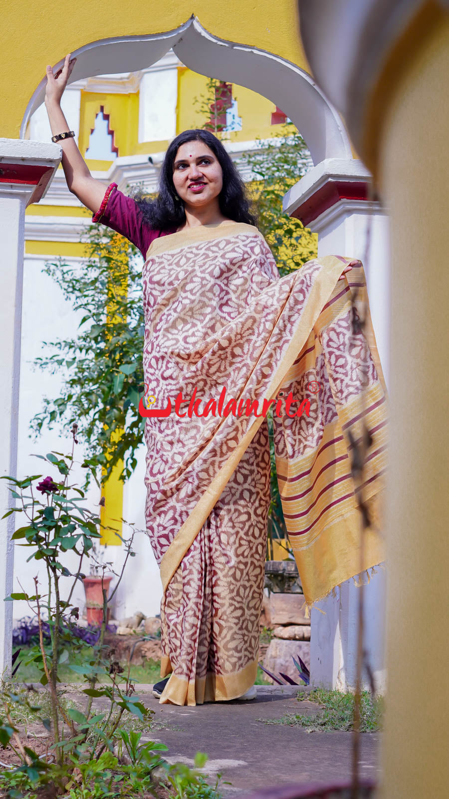 Natural Dye Coffee Flowers Honey Border Khandua Silk Saree