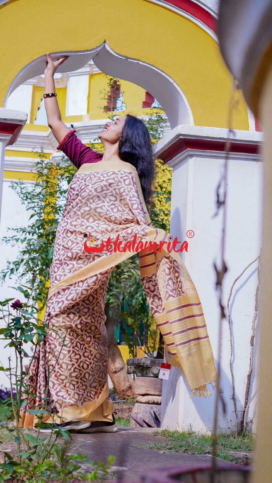Natural Dye Coffee Flowers Honey Border Khandua Silk Saree