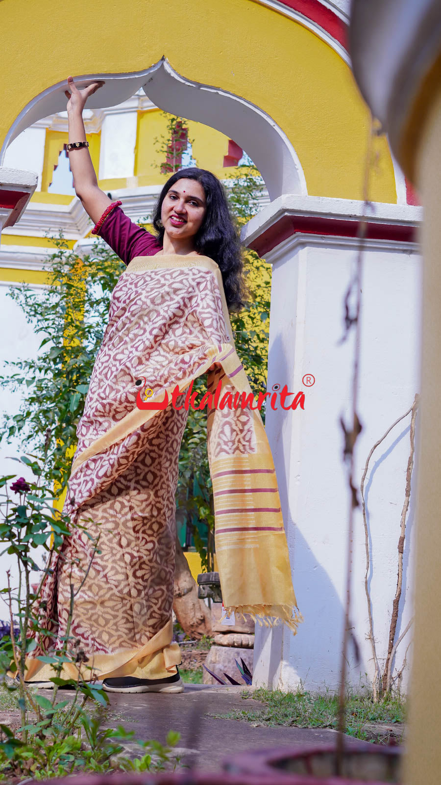Natural Dye Coffee Flowers Honey Border Khandua Silk Saree
