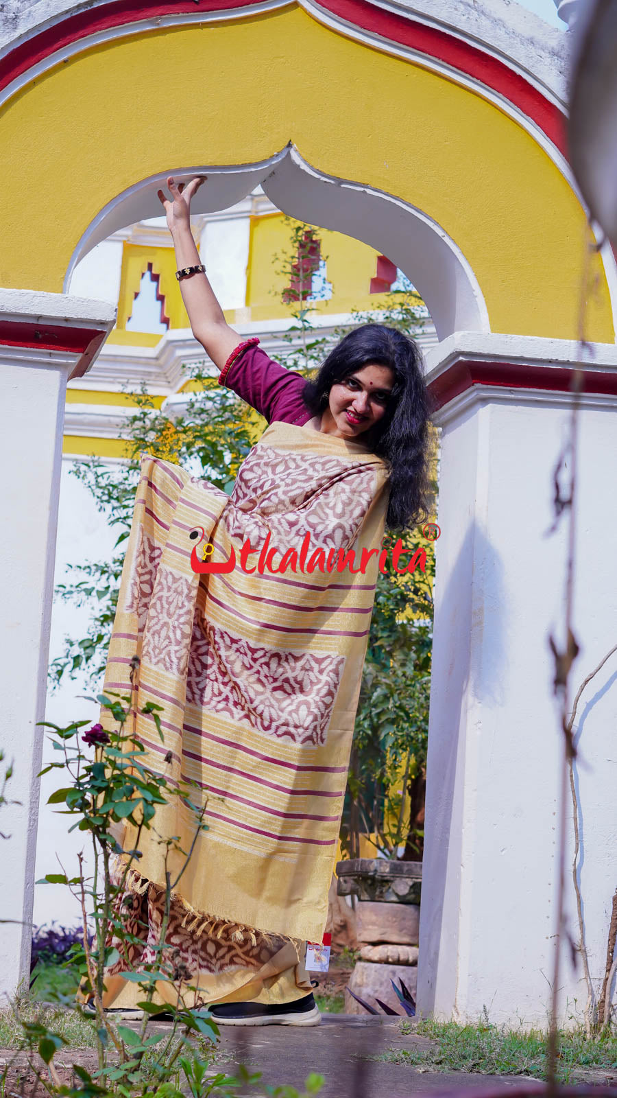 Natural Dye Coffee Flowers Honey Border Khandua Silk Saree