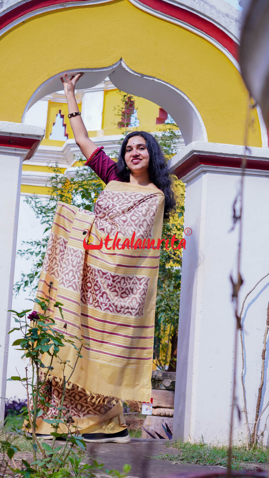 Natural Dye Coffee Flowers Honey Border Khandua Silk Saree