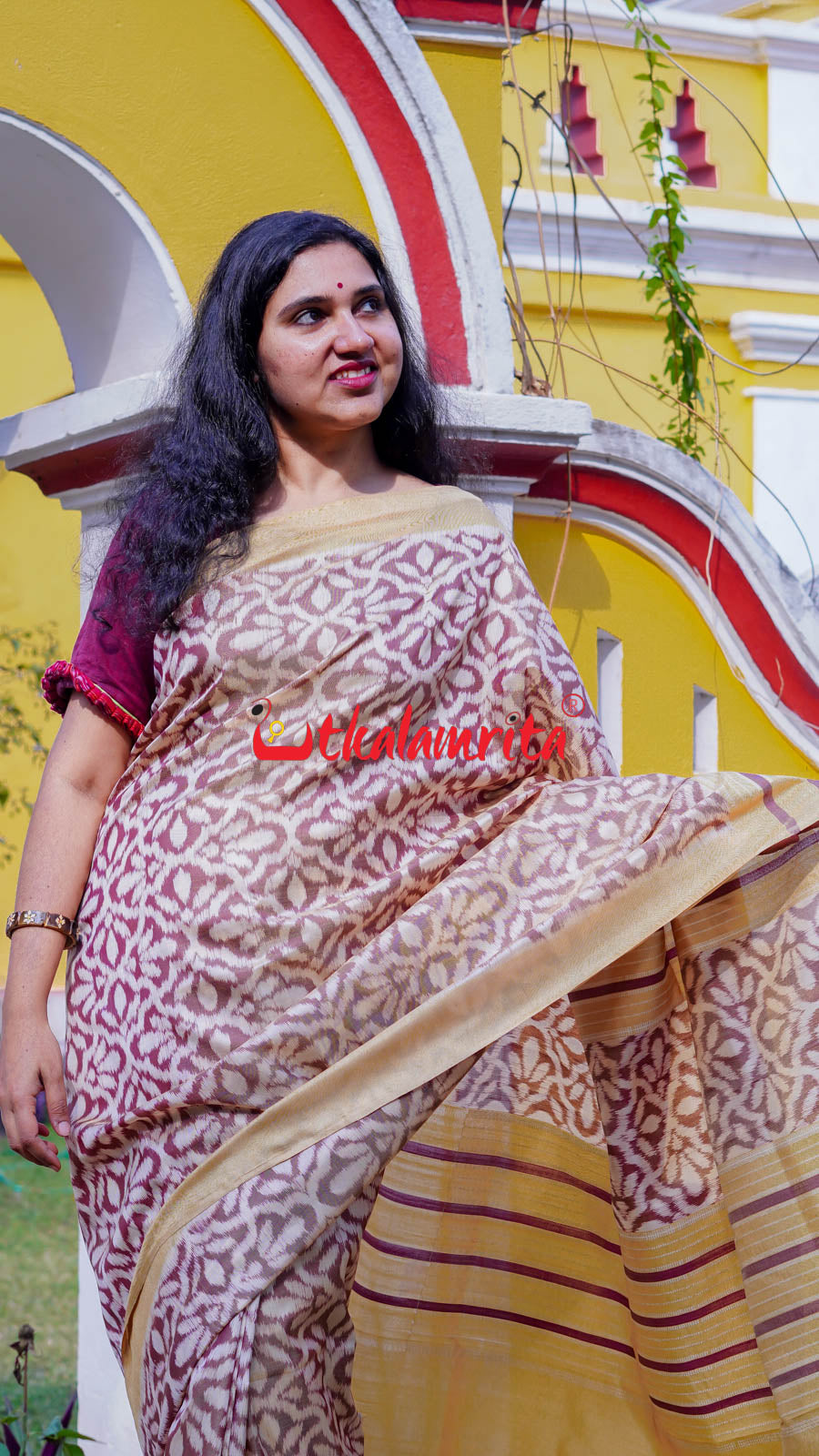 Natural Dye Coffee Flowers Honey Border Khandua Silk Saree