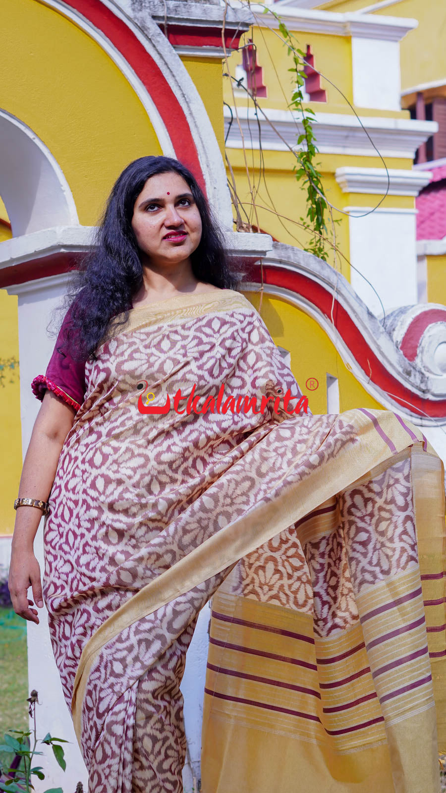 Natural Dye Coffee Flowers Honey Border Khandua Silk Saree