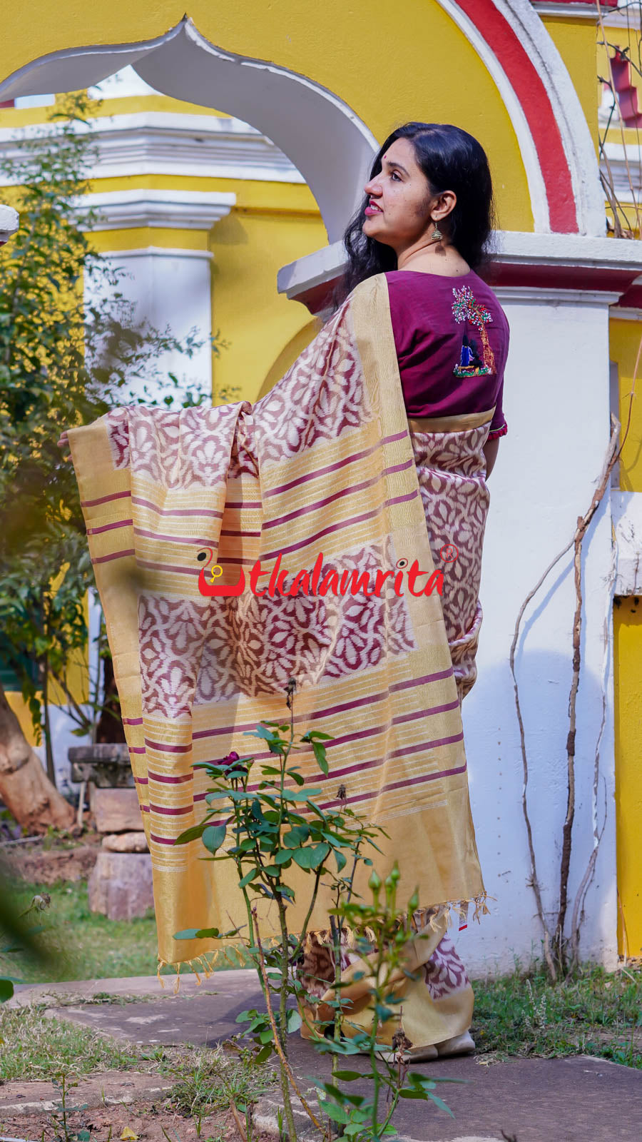 Natural Dye Coffee Flowers Honey Border Khandua Silk Saree