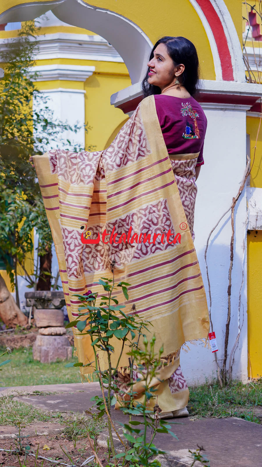 Natural Dye Coffee Flowers Honey Border Khandua Silk Saree