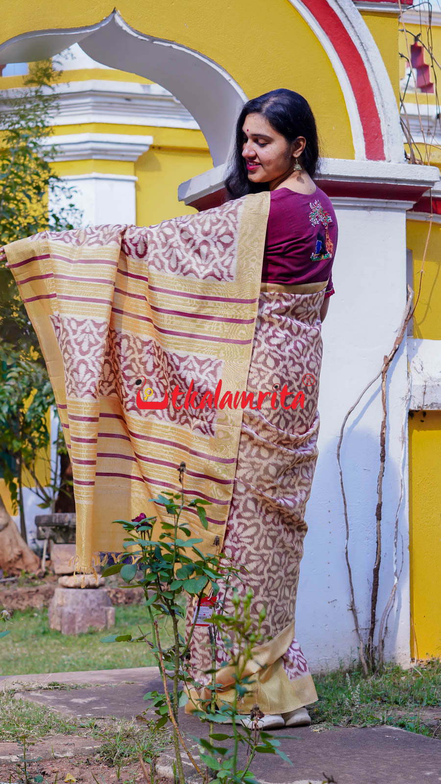 Natural Dye Coffee Flowers Honey Border Khandua Silk Saree