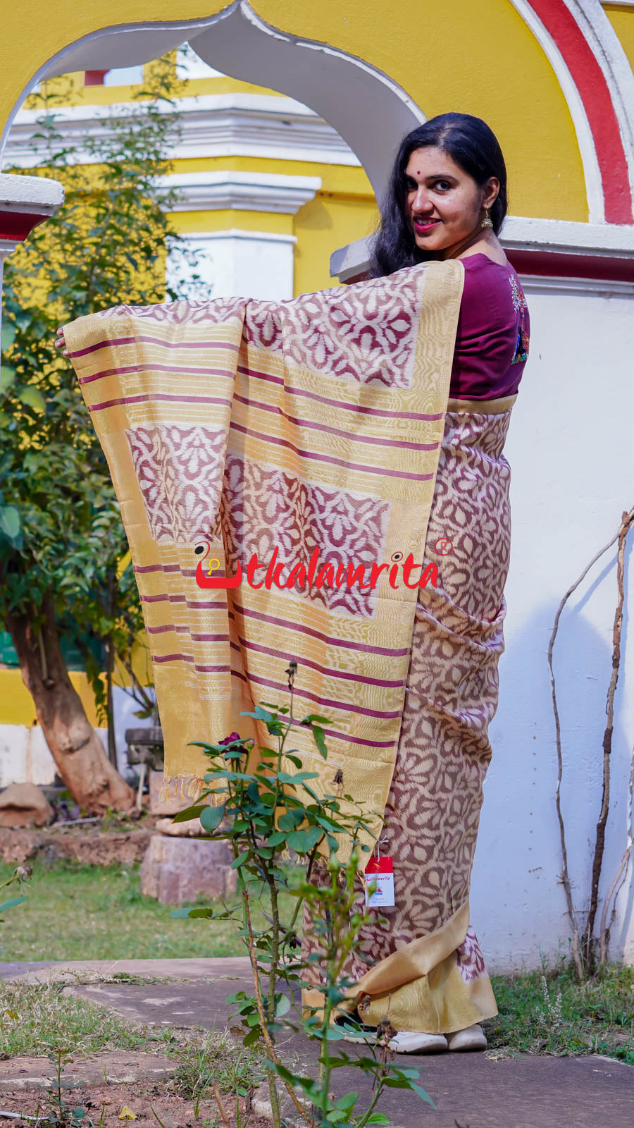 Natural Dye Coffee Flowers Honey Border Khandua Silk Saree