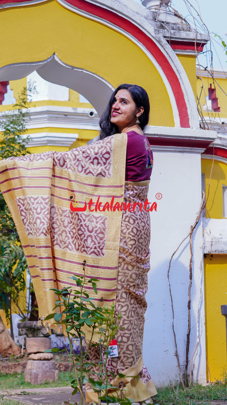 Natural Dye Coffee Flowers Honey Border Khandua Silk Saree