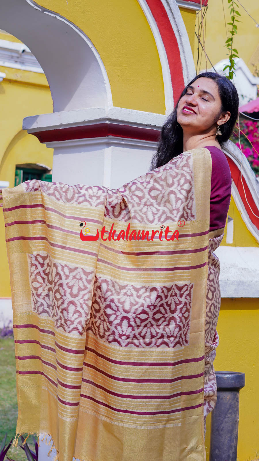 Natural Dye Coffee Flowers Honey Border Khandua Silk Saree