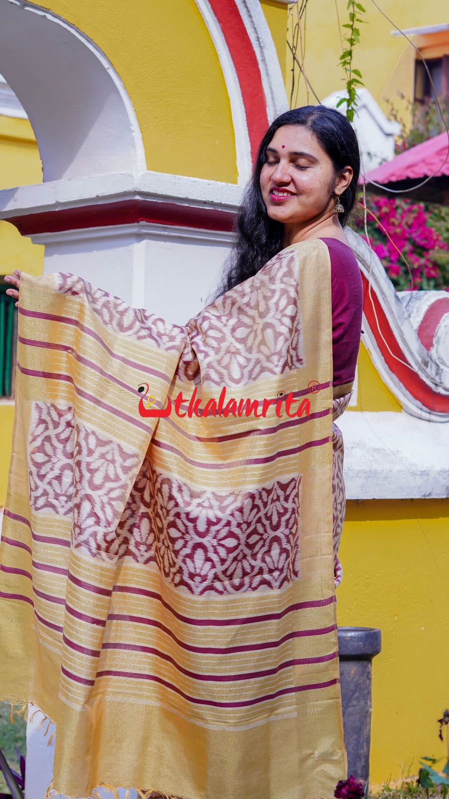 Natural Dye Coffee Flowers Honey Border Khandua Silk Saree