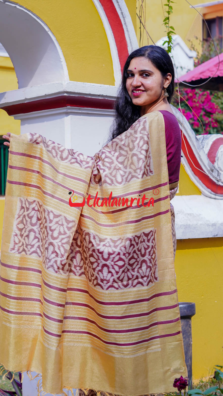 Natural Dye Coffee Flowers Honey Border Khandua Silk Saree